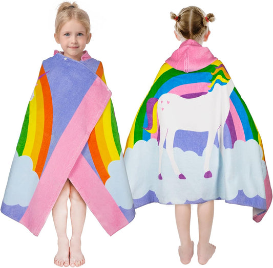 Kids Hooded Bath Towel-Soft Thick 100% Cotton Hooded Beach Towel for Kids 3-10 Years,Absorbent Fast-Drying Cute Toddler Bath & Swim Towel,for Boys & Girls,30"x50"(rainbowunicorn Pink)