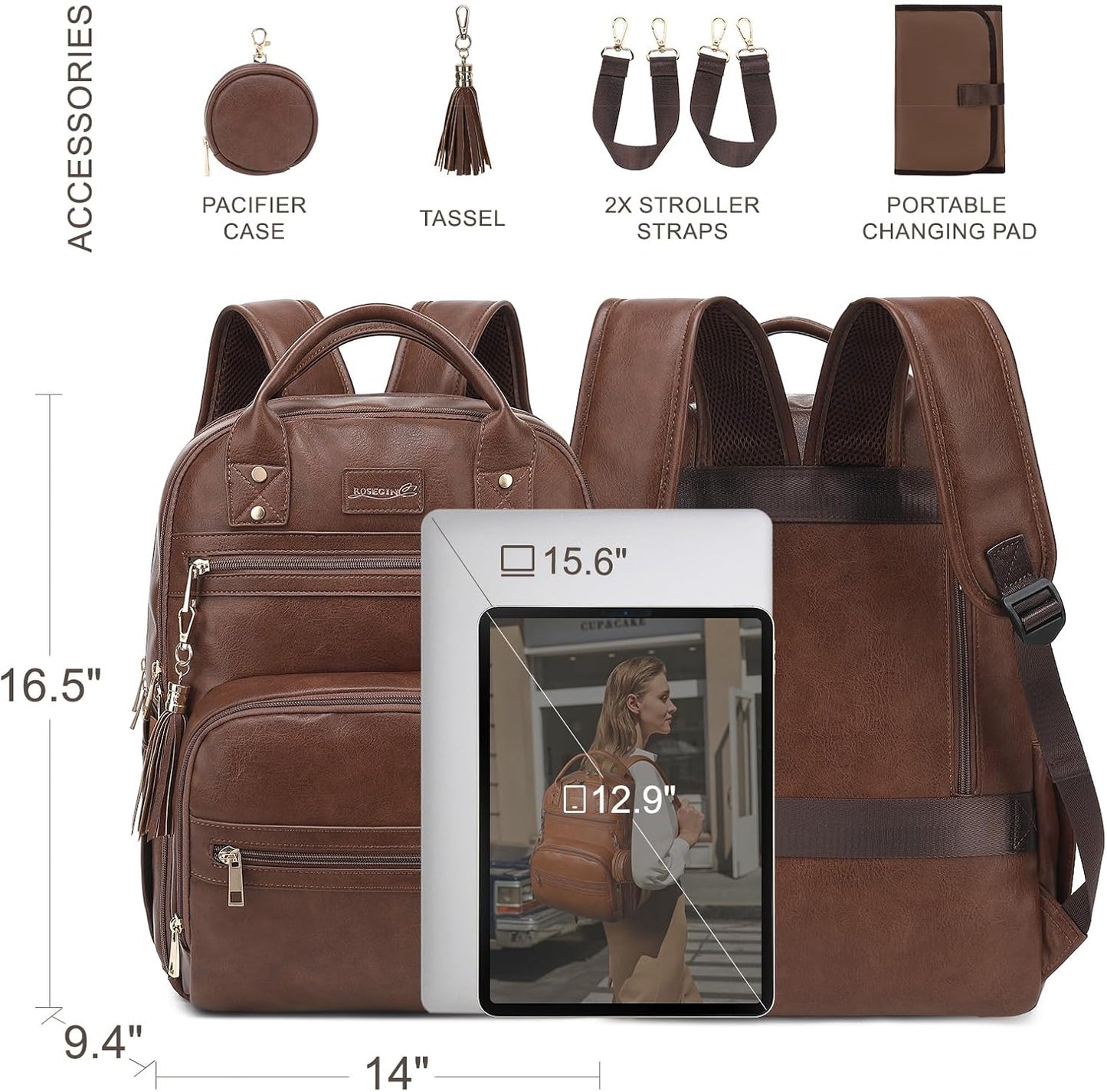 Premium Vegan Leather Diaper Bag Backpack with Waterproof Changing Pad, Reinforced Zippers & Odor-Free,20 Pockets Pro Organizer, Fits 15.6" Laptop, Stroller Straps, Baby Bag for Mom,Dark Brown
