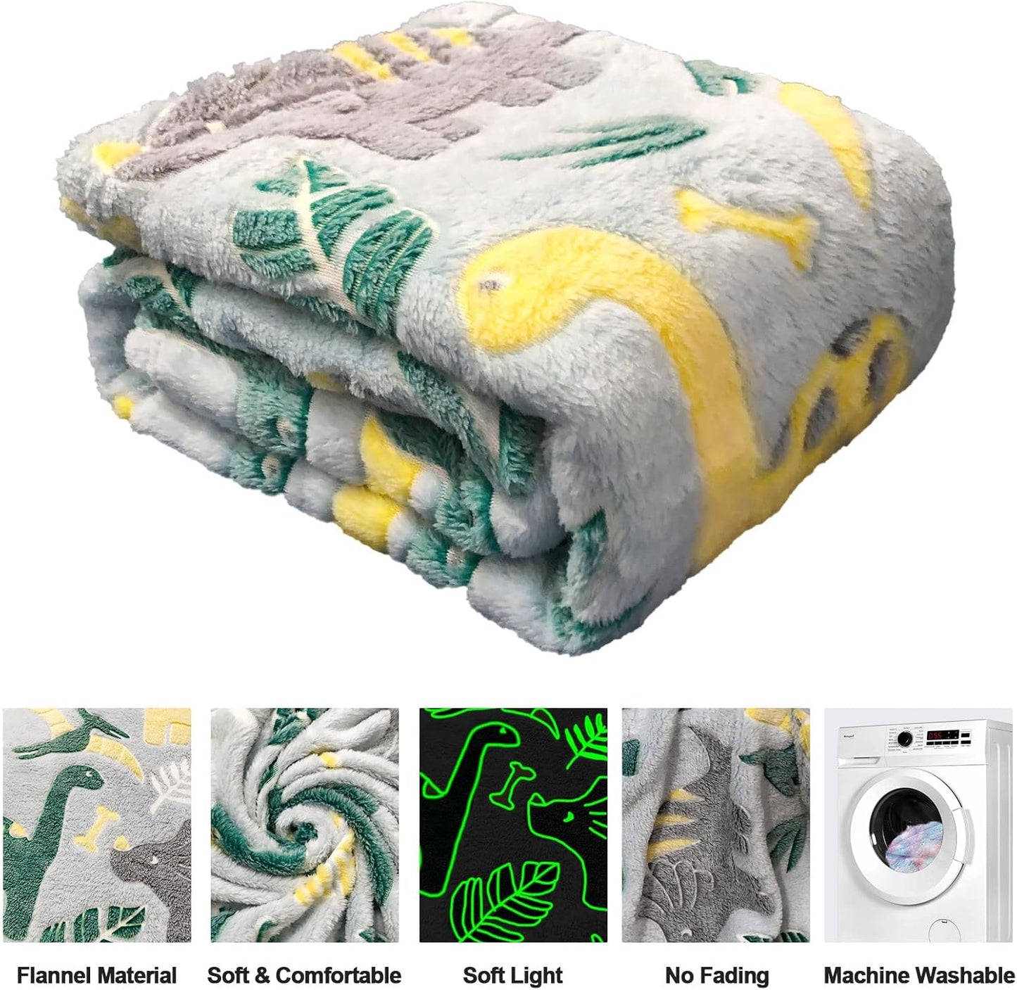 Glow in The Dark Dinosaur Blanket for Boys - Soft Fleece Throw for Kids, Toddlers - Dinosaur Gifts, Birthday Present - 50"x60"