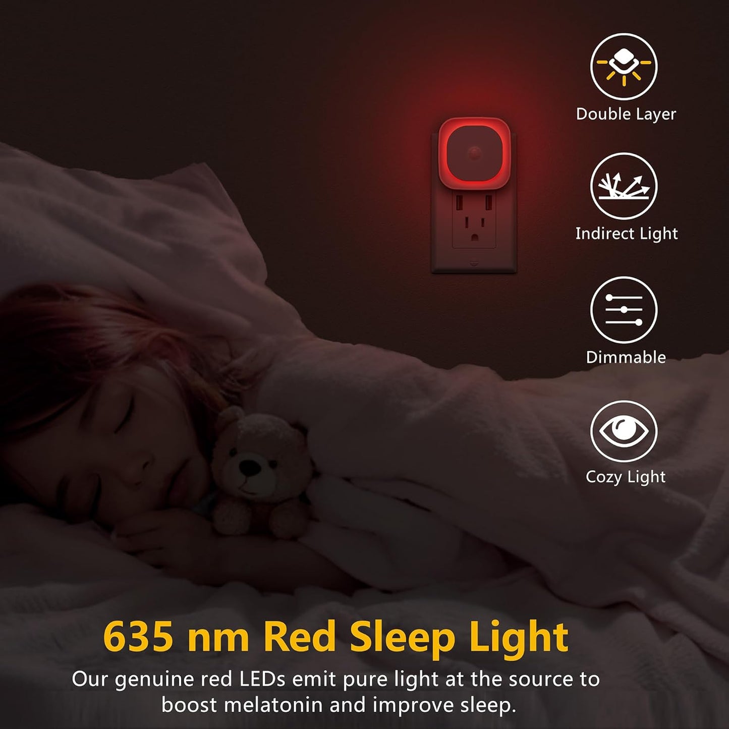 2 Pack Plug in Red Sleep Night Light with Motion Sensor & Dusk to Dawn Sensor, Soft Glow, Dimmable, LED Lights for Bedroom, Sleep, Baby Nursery, Kids, Toddler, Bathroom, Hallway, Home Decor