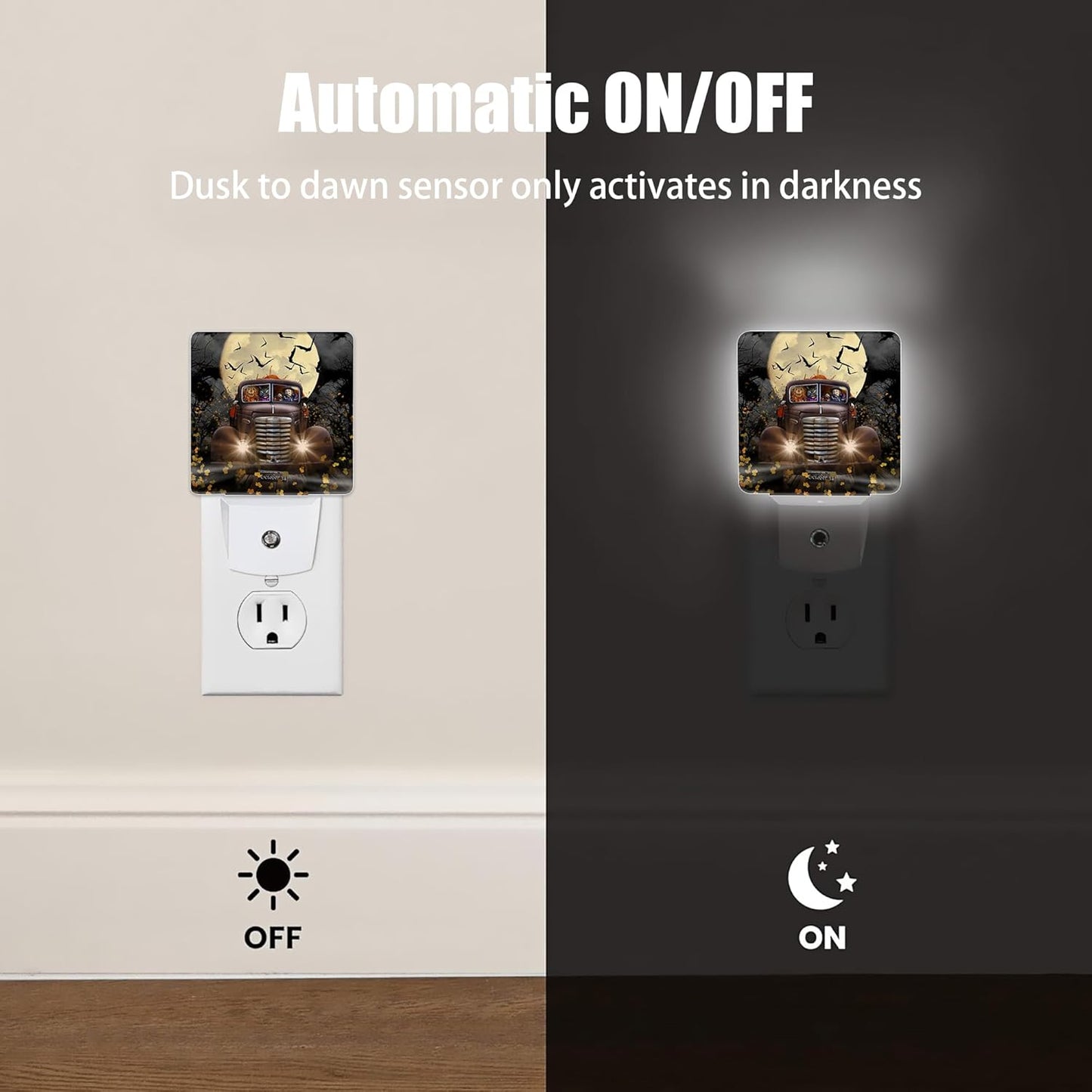 Halloween Truck Night Light, Witch Cat Pumpkin Night Lights Plug into Wall Decorations for Bedroom, Bathroom, Dusk to Dawn Sensor Nightlights for Girls Women Room Gifts