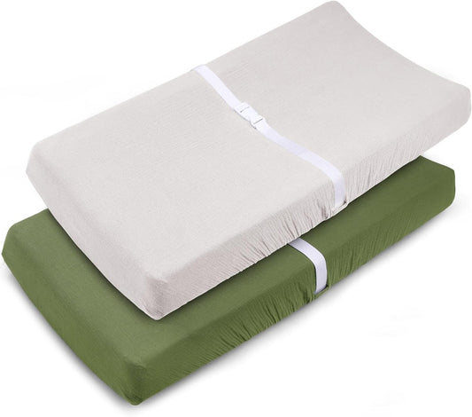 Muslin Changing Pad Cover for Baby Girls Boys-2 Pack 17"x 33" Cotton Soft Diaper Changing Pad Cover-Breathable Changing Pad Sheets-Neutral Boho Olive Green & Beige