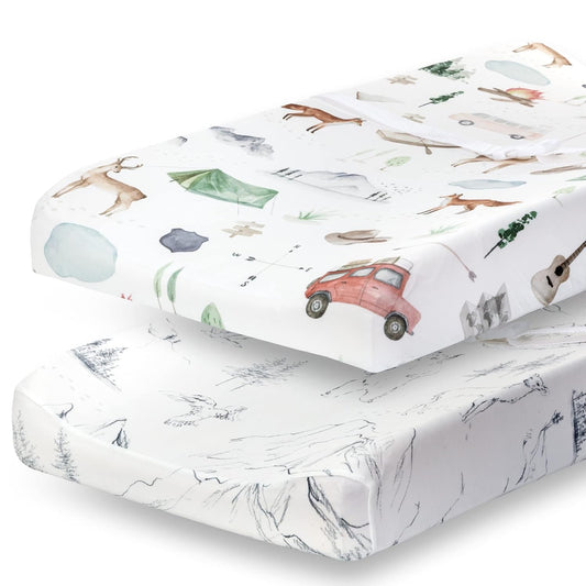 Pobibaby - 2 Pack Premium Changing Pad Cover - Ultra-Soft Cotton Blend, Stylish Woodland Pattern, Safe and Snug for Baby (Explore)