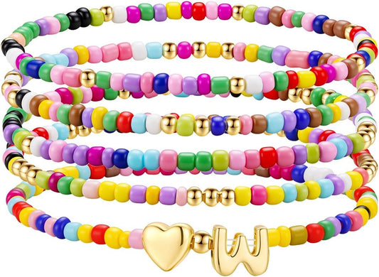 M MOOHAM Stocking Stuffers for Kids Girls Teen - 5PCS Colorful Beaded Initial Bracelets for Women Girls, Cute Stretch Heart Letter Bohemian Stackable Bracelet Birthday Gifts Jewelry for Kids Teen Girl
