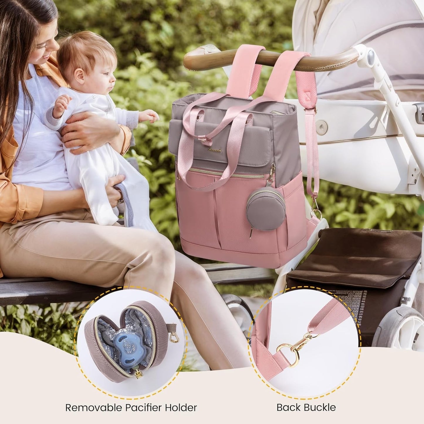 LOVEVOOK Diaper Bag Backpack,Diaper Bag Tote with Insulated Pockets,Baby Bag for Girl Boy with Changing Pad,Large Baby Diaper Bag with Pacifier Case,Anti-Theft Travel Backpack for Women,Pink-Gray