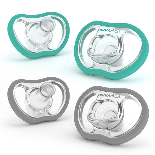 Nanobebe Active Baby Pacifiers 4-36 Months - Orthodontic, Lightweight and Vented, Curves Comfortably with Face Contour, 100% Silicone - BPA Free, Perfect Baby Registry Gift 4pk, Teal/Grey