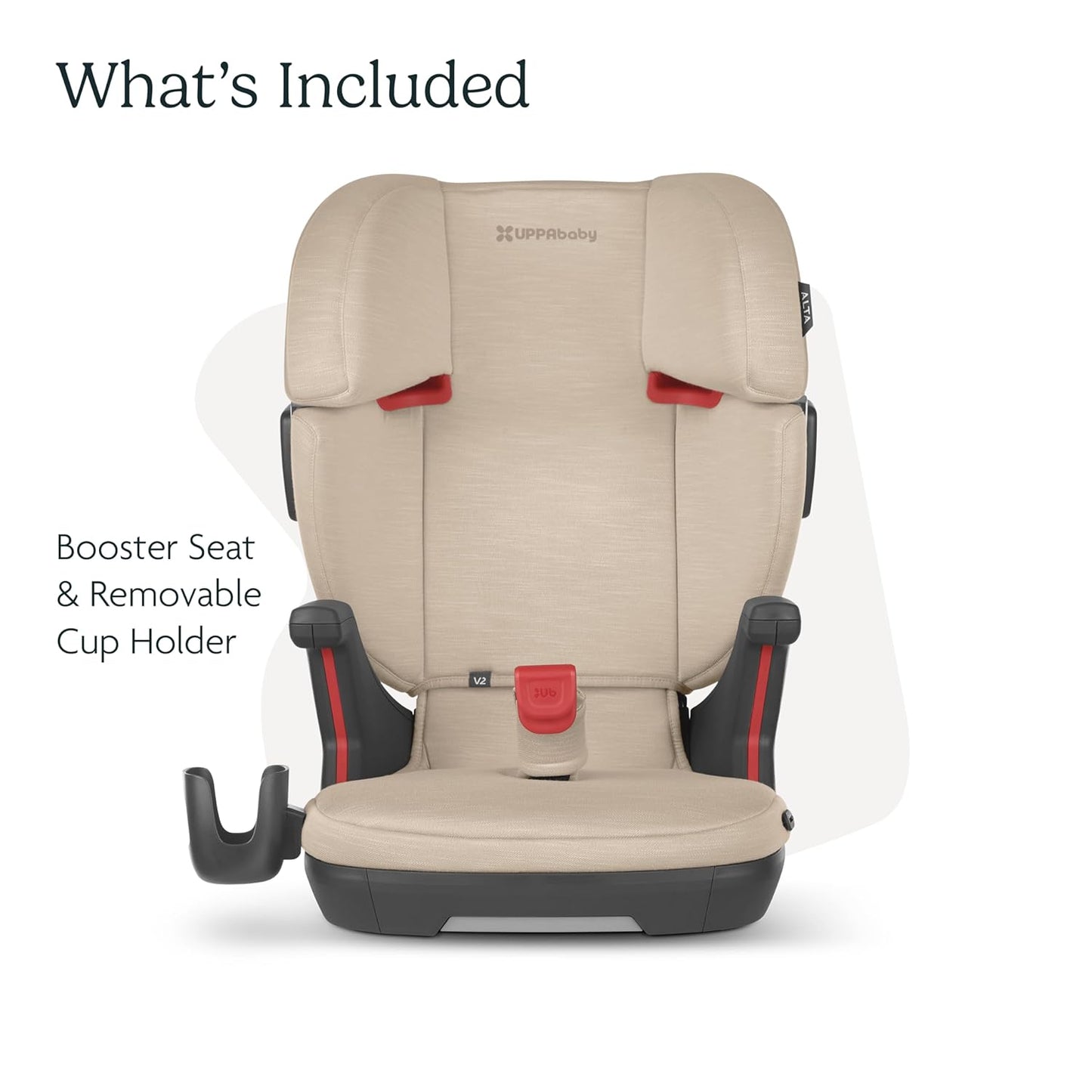 UPPAbaby Alta V2 High Back Booster Seat/Seven-Position, Active Support Headrest for Growing Children/SecureFit Integrated Belt Guide + Positioner/Cup Holder Included/Kavneer (Almond Mélange)
