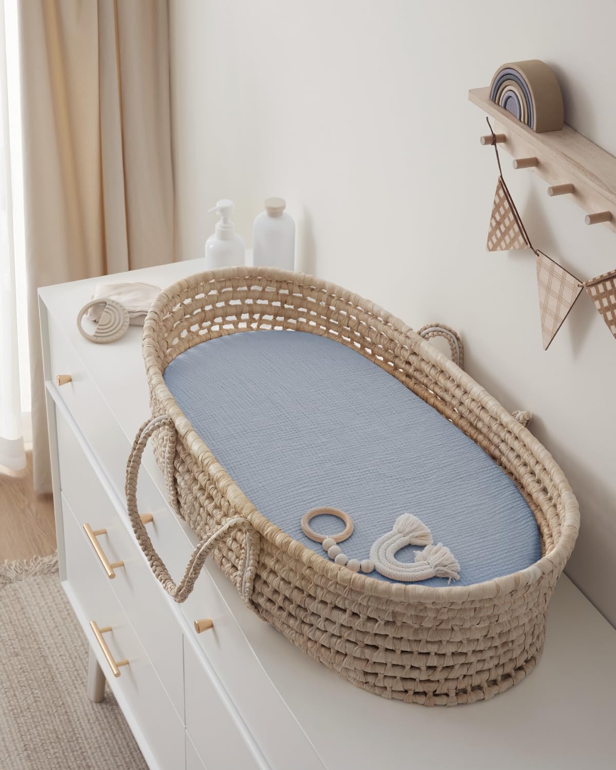 Blissful Diary Muslin Bassinet Sheets for Baby Girls Boys, Boho Soft Cotton Fitted for Oval Hourglass Rectangle Mattress, 2 Pack(Light Blue&Grey)
