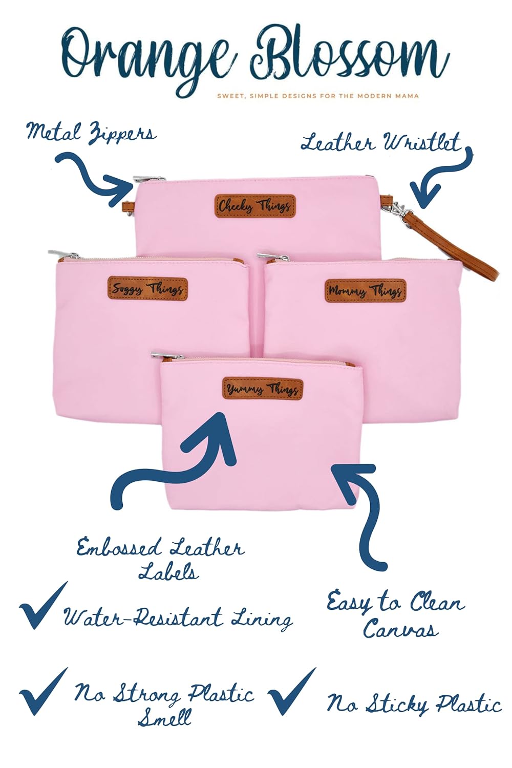 Stylish Diaper Bag Organizing Pouches - XL Set of 4 Pink Canvas Diaper Bag Pouches with Leather Embossed Labels, Leather Wristlet Strap & Durable Metal Zippers