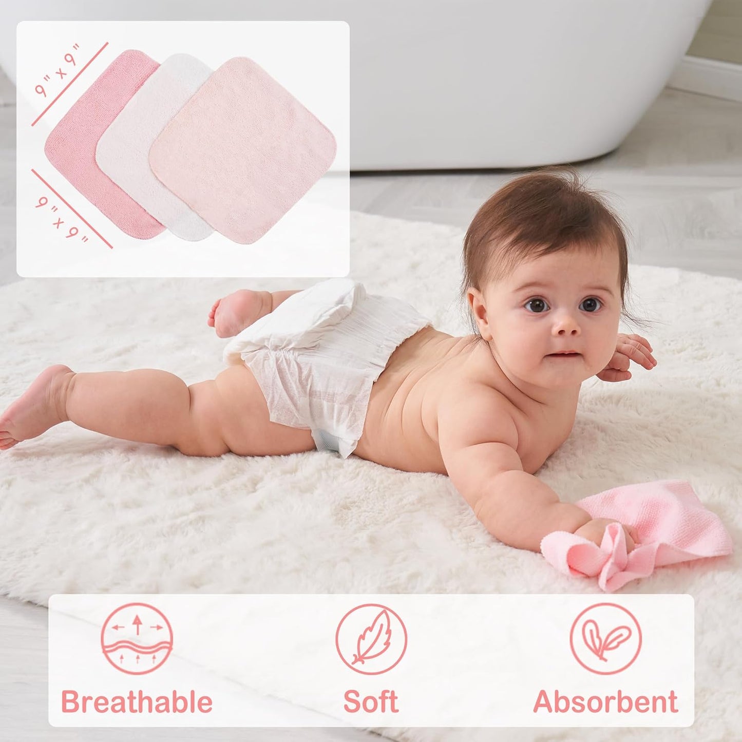 Viviland Baby Towels and Wash Cloths Set - Hooded Towels, Face Towels, Burp Cloths or Wipes - Absorbent Bath Towels - 6-Pack, Size 28 x 28 Inch (Pink Unicorn)