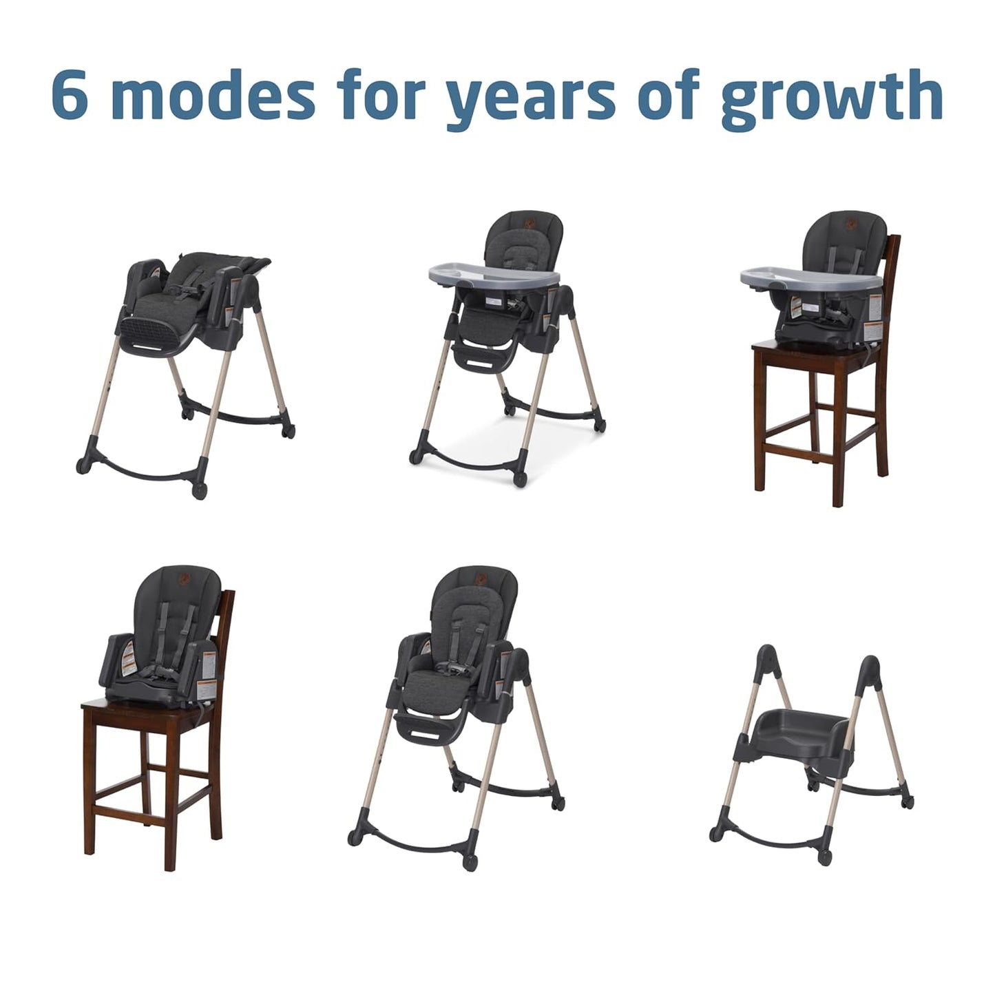 Maxi-Cosi Minla 6-in-1 High Chair for Babies & Toddlers, Portable Foldable Highchair, EcoCare Fabric, 9 Heights, 5 Reclines, 4 Tray Positions, Classic Graphite