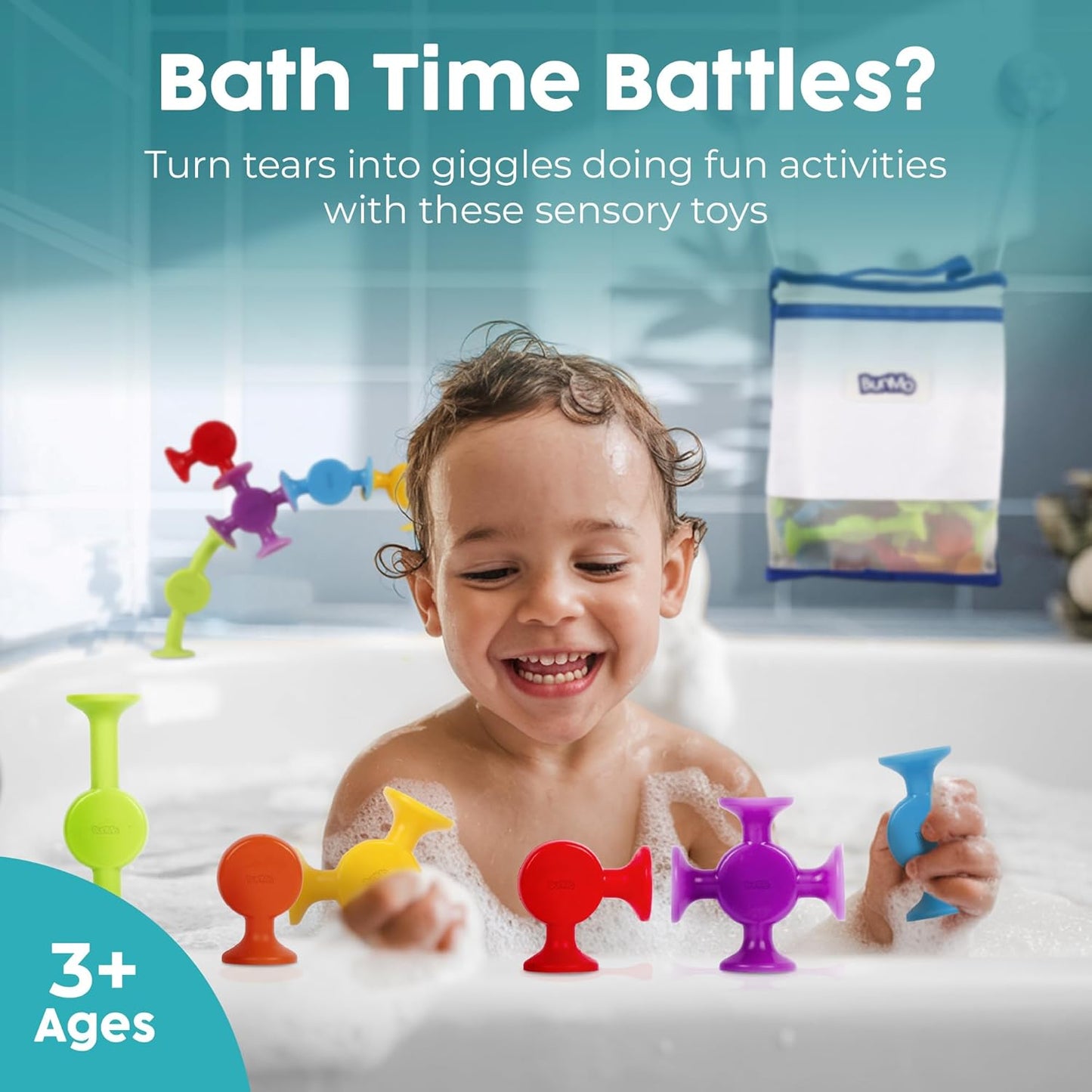 BUNMO Stocking Stuffers for Kids - Toddler Suction Bath Toys - Connect, Build, Create - Toddler Stocking Stuffers - Fine Motor Skills - Stimulating Sensory Fun - Original 24 Pack