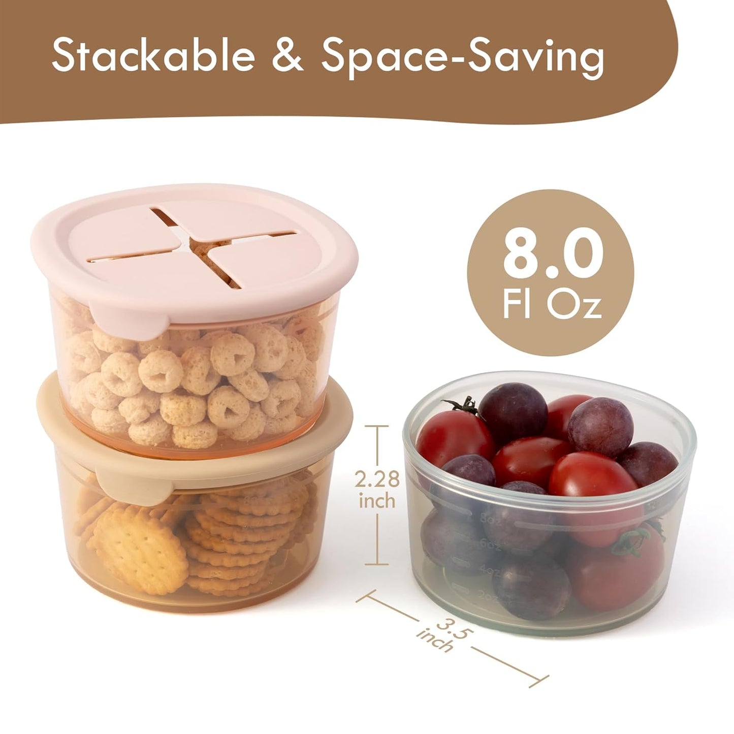 Moonkie Silicone Snack Containers for Kids and Toddlers | 8 oz Baby Food Containers with Airtight Lids and A Snack Lid | Baby Food Jars | BPA Free | Freezer & Dishwasher Safe | 6 Pack