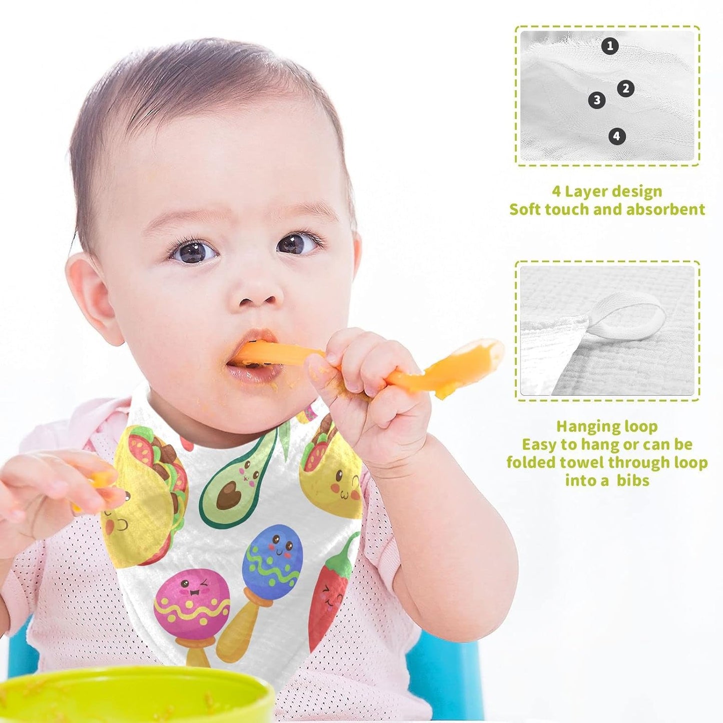 Funny Mexican Food Baby Muslin Washcloths Cute Cartoon Burp Cloths Soft Absorbent Baby Wash Cloth Fingertip Face Towels for Newborn Boys Girls 12 x 12 Inch, 3 Pack