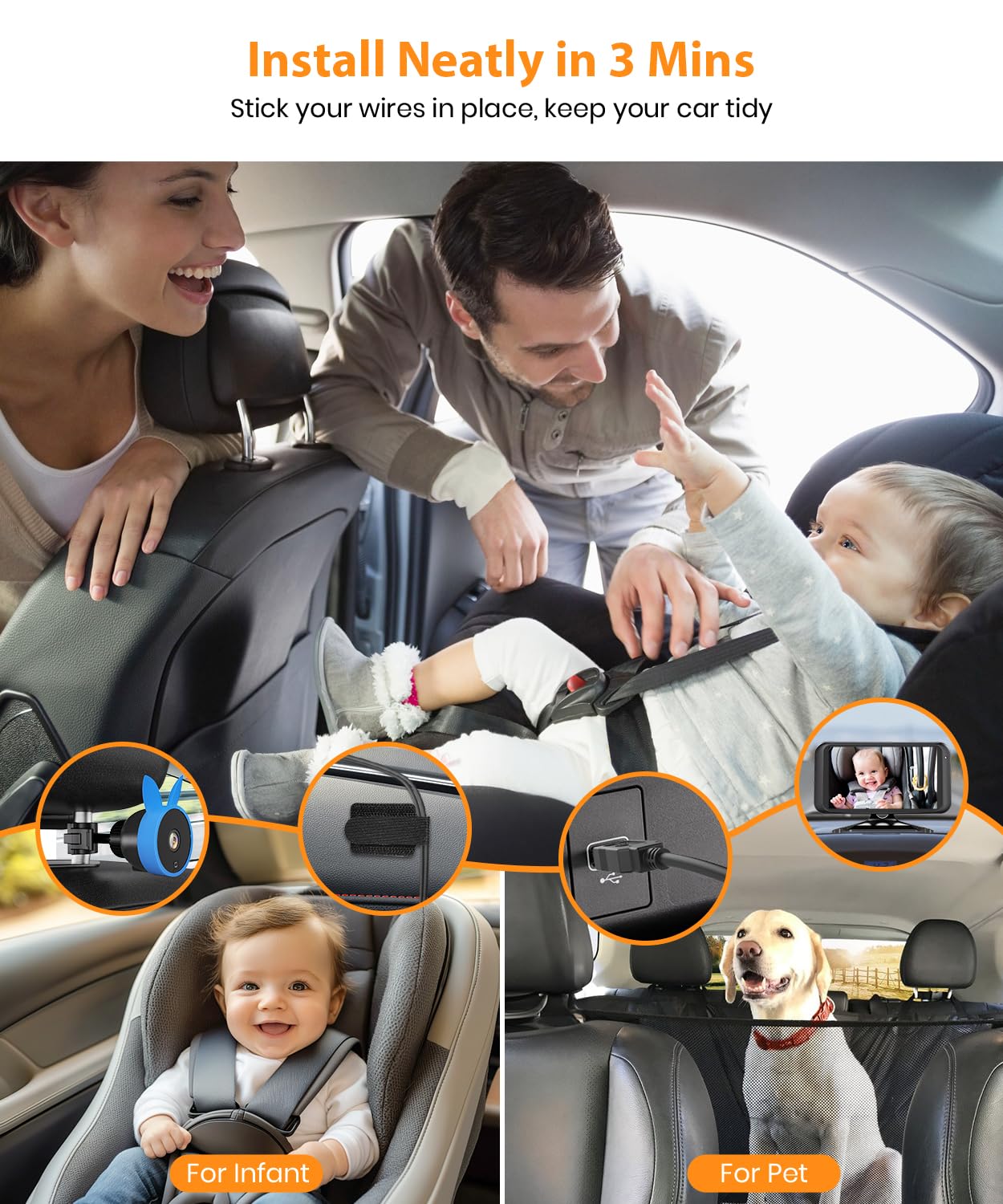 Babyvue BV2 USB Car Camera for Baby : 4.5" Car Seat Camera with 1080P Crystal Clear Mirror View, Easy Installation Carseat Rear Facing Moitor for Pet & Kids, HD IR Night Vision Backseat Monitor
