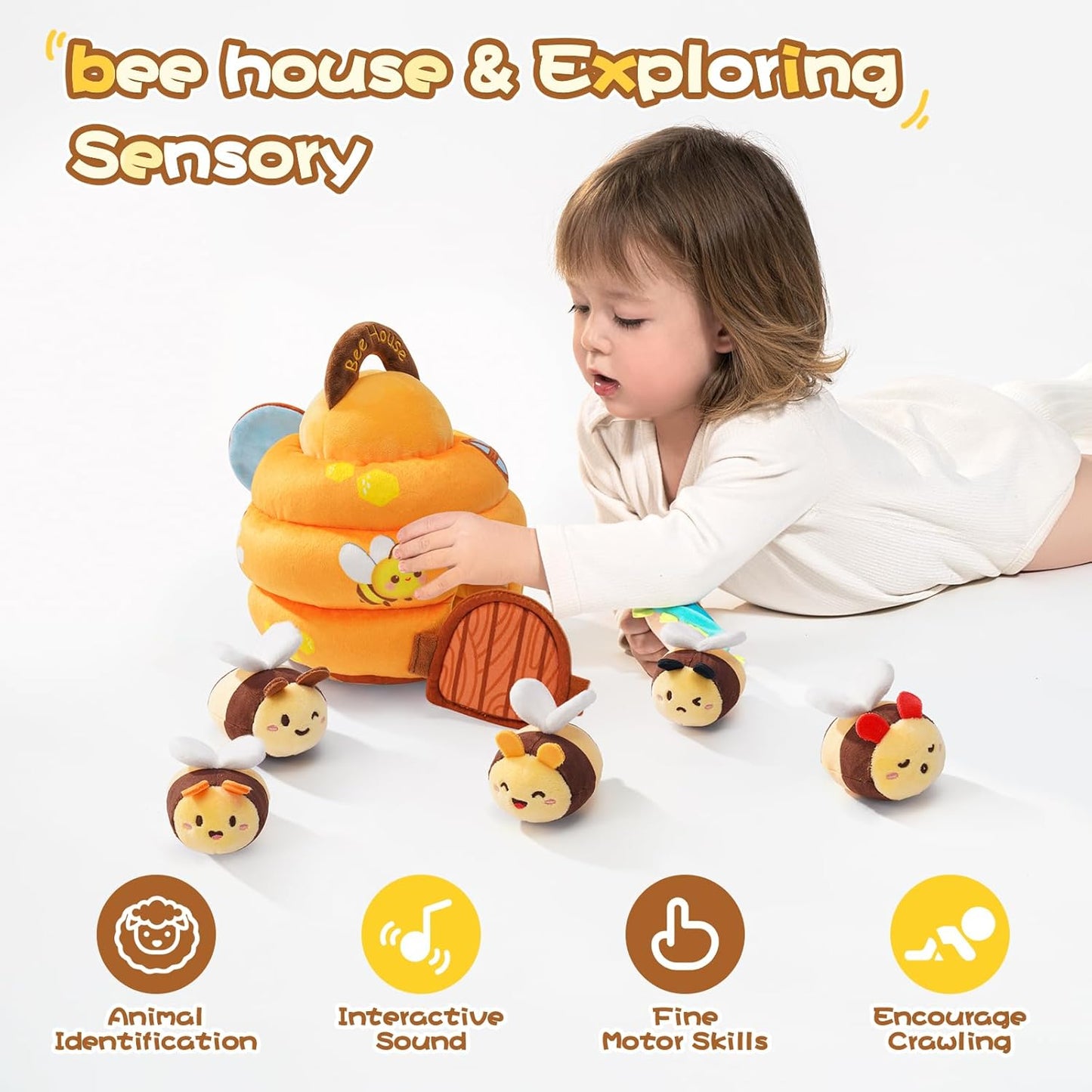 Koty Baby Toys 6-12 Months,Bee House Sensory Learning Toy, Beehive wtih wtih rattles, Squeaker, Mirror,5pcs Yellow Plush Bees, Educational Montessori Toy for Infants 6-12 Months