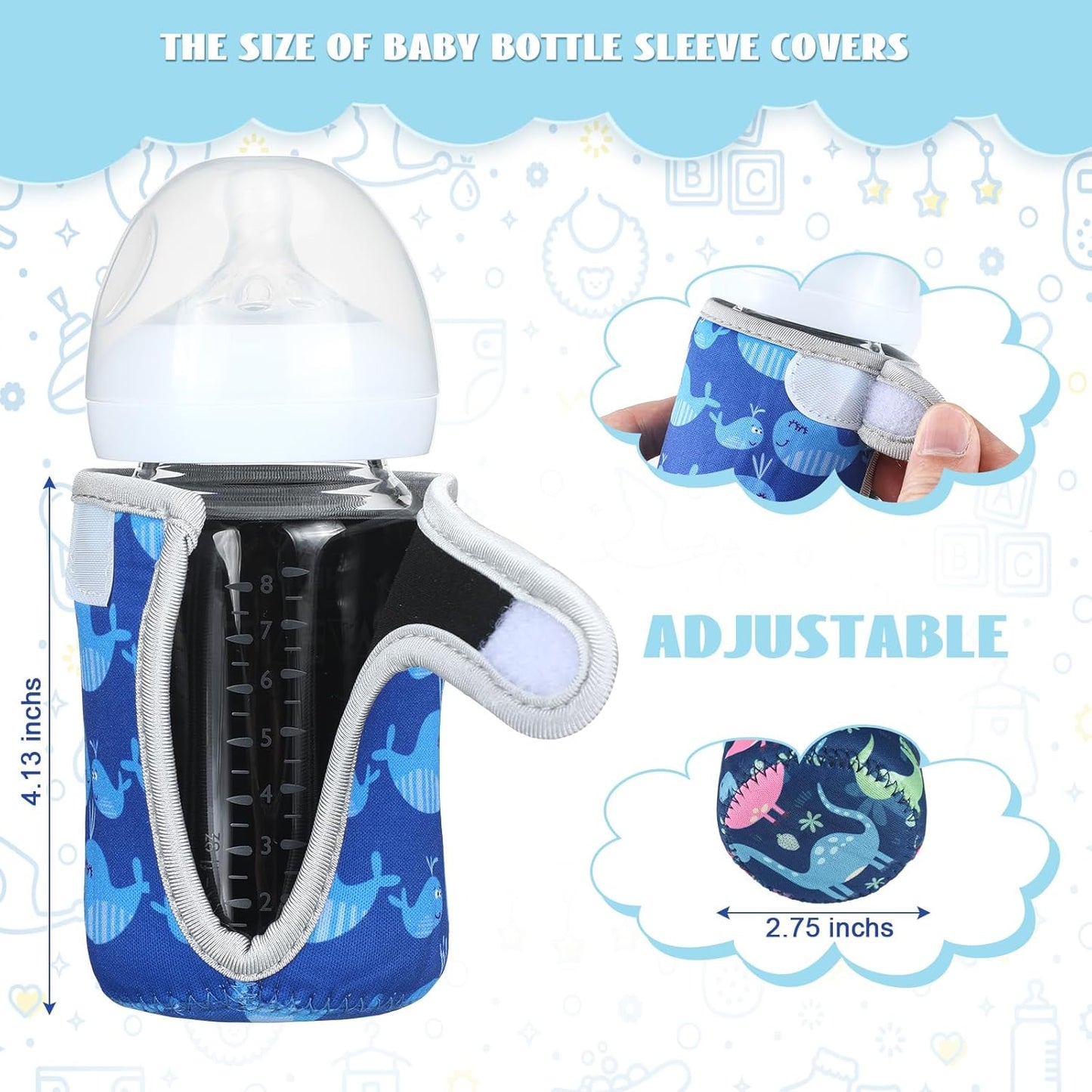 Irenare 6 Pieces 8 oz Glass Baby Bottles Sleeve Covers Bulk Neoprene Adjustable Newborn Feeding Bottles Protector Replacement Heat Cold Retention Sleeve for Nursing Infant (Shark, Whale, Dinosaur)