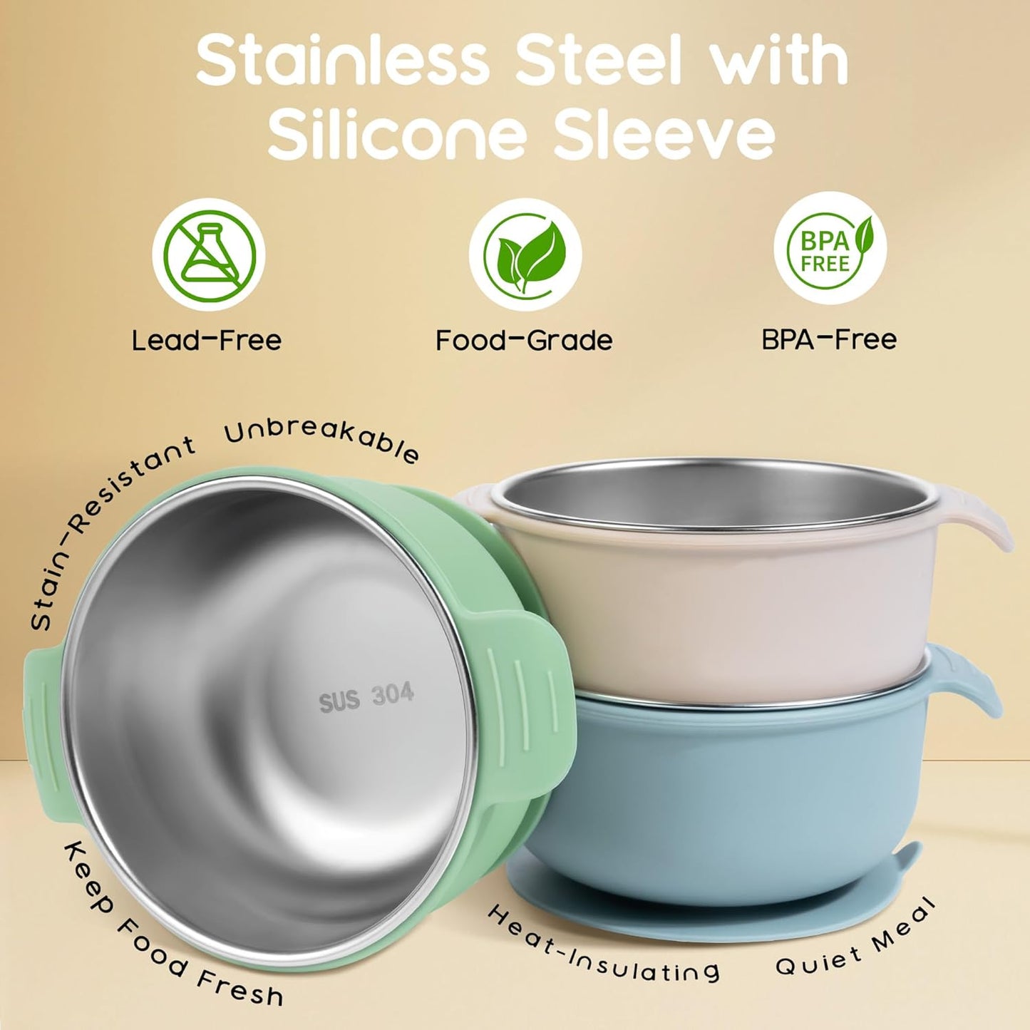 Bella's Friends Stainless Steel and Silicone Baby Bowls with Suction 3 Pack, 4.3” for Toddlers Kids Feeding, Non-Slip, Non-Toxic, Mess-Free, Dishwasher Safe, Fit High Chair Size, beige green blue
