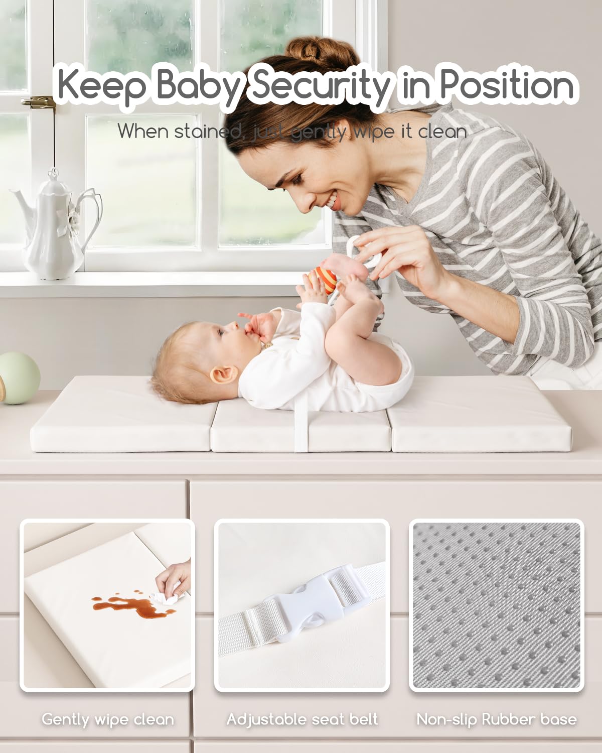 Portable Baby Changing Pad with Vegan Leather Cover, Standard Side Waterproof & Wipeable Changing Pad for Toddler, Flat Foam Travel Diaper Changing Pad for Dresser and Table, White