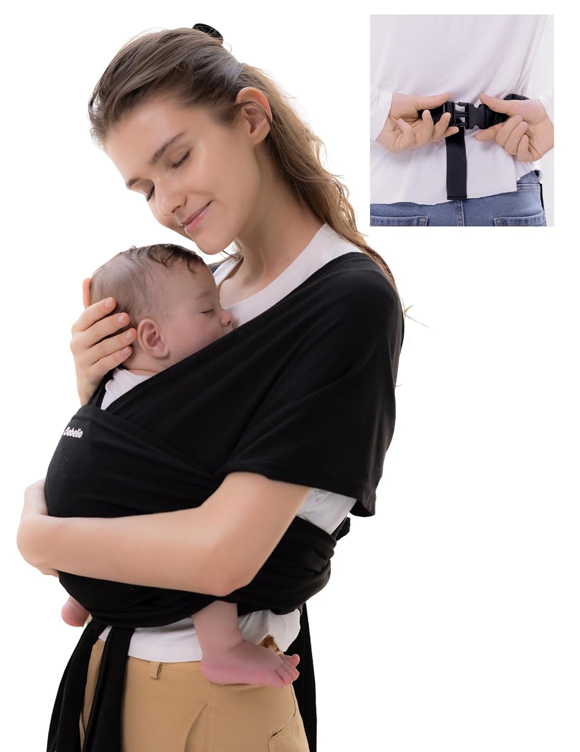 BABELIO Baby Wraps Carrier with Adjustable Buckle, Easy to Wear Lightweight Baby Carrier Newborn, Hands Free Toddler Infant Slings 7-35lbs Black