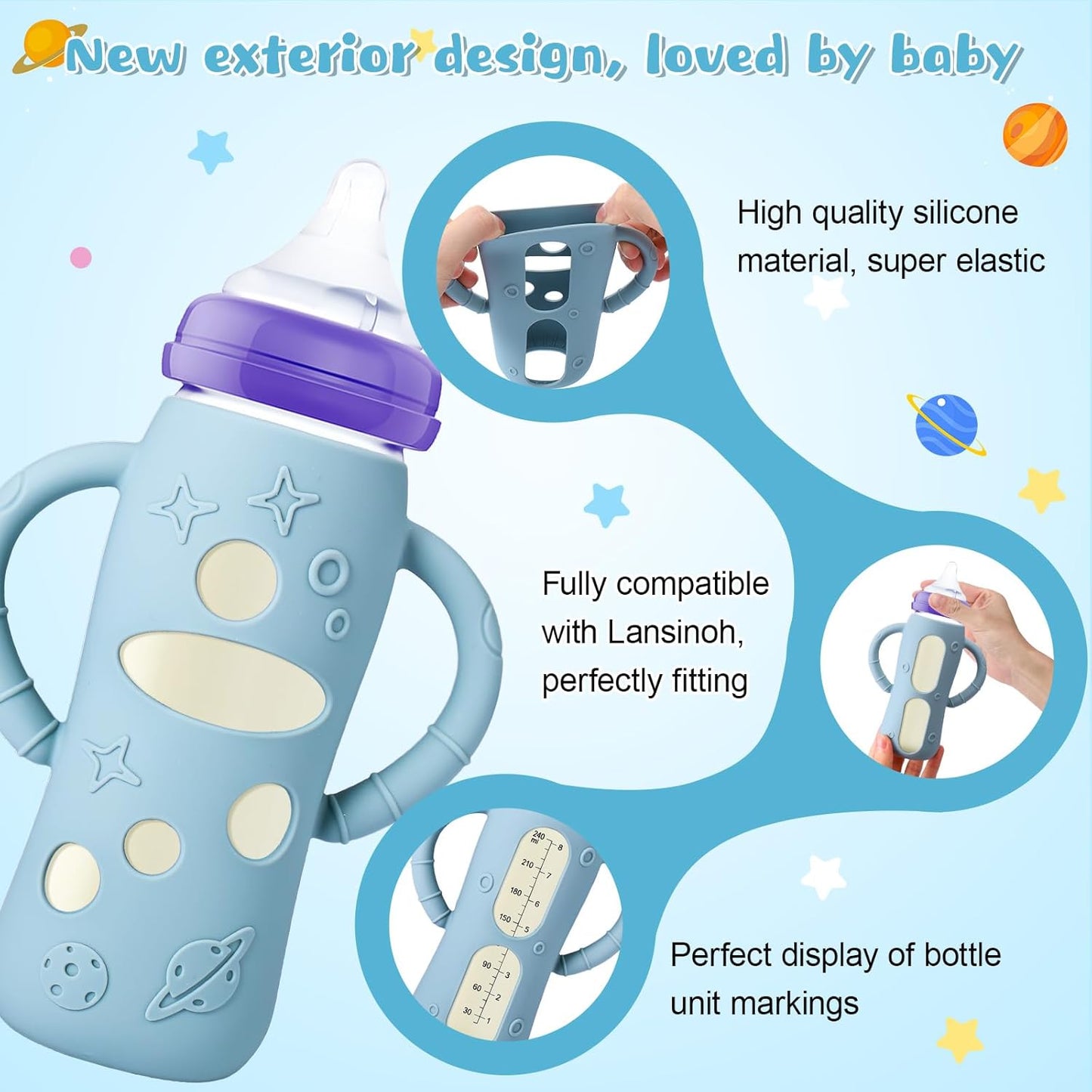 Mity rain 3 Pack Silicone Sleeves for Lansinoh Glass Bottles 8 OZ - Anti Breakage Baby Bottle Holder, Compatible with Lansinoh Glass Bottles for Babies with Handle