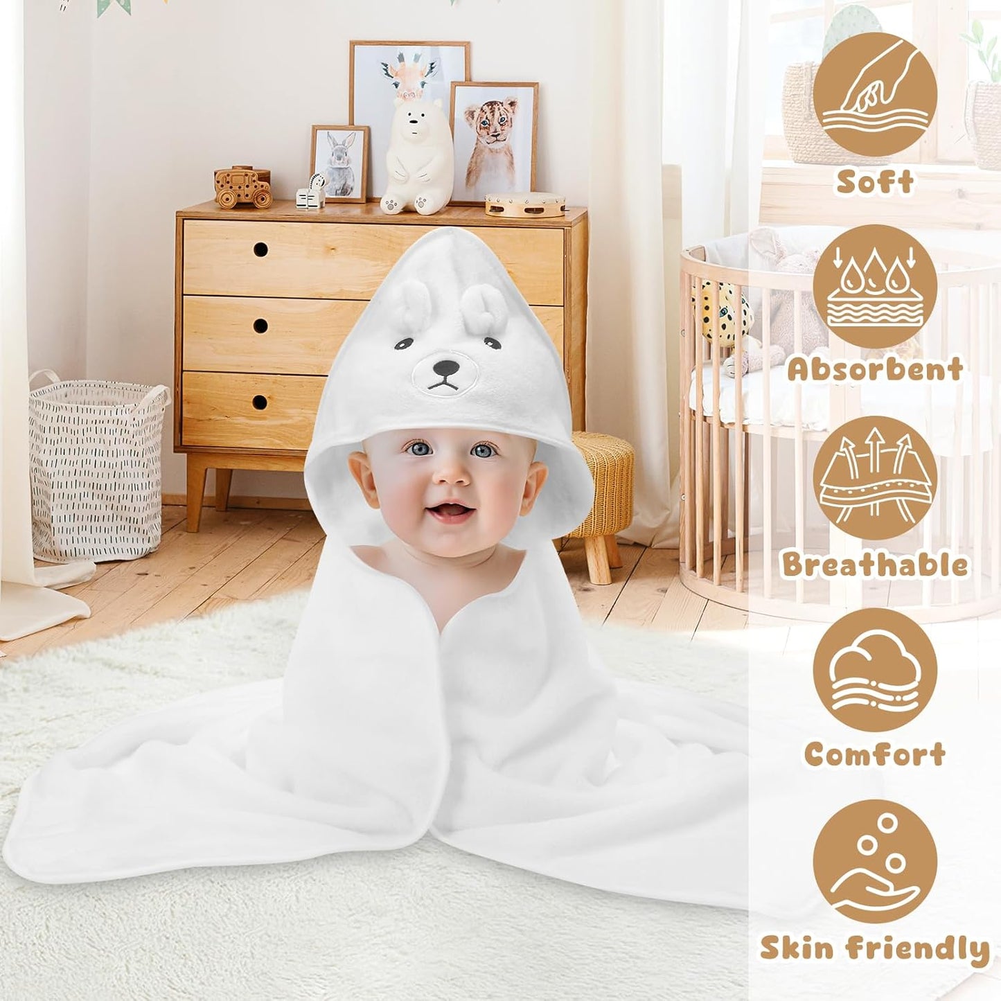 6 Pack Baby Hooded Bath Towels, Premium Ultra Soft Absorbent Coral Fleece Bath Towel Set for Newborns, Infants, Toddlers, and Kids, 31.5 X 31.5 Inch Hooded Towel for Boys and Girls