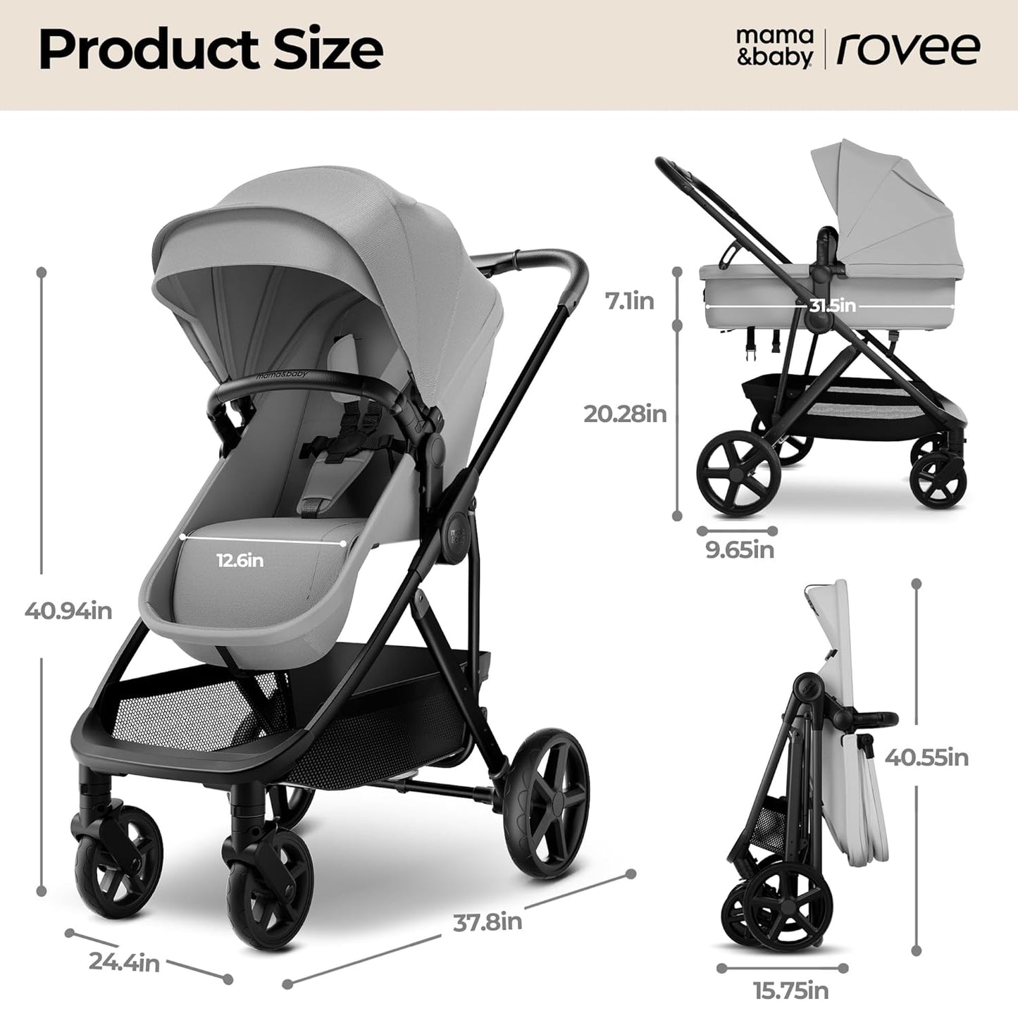 MAMA & BABY Rovee 2-in-1 Baby Stroller, Convertible Infant & Toddler Stroller with Reversible Seat, Large UPF 50+ Sun Canopy, Foldable Stroller with Shock-Absorbing Wheels & Storage Basket