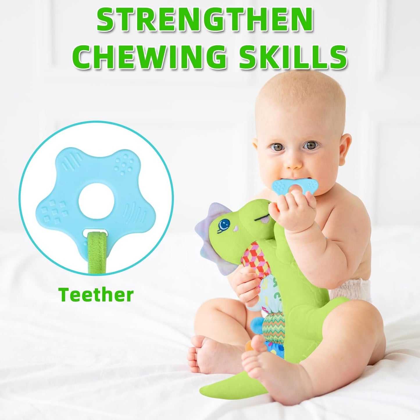 Baby Dino Musical Stuffed Animal Toys for 0-3-6-9-12 Months，Infant Dinosaur Tummy Time Toys with Crinkle Sound Paper,Teether，Textures & Rattles for Newborn Boys Girls Birthday Gifts，Green