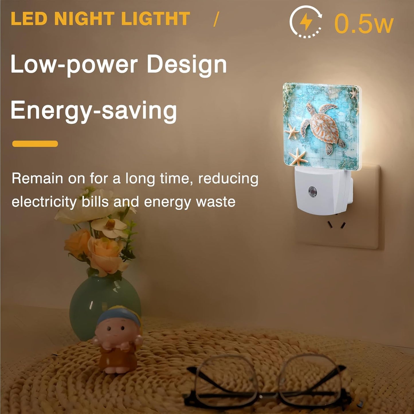 Vintage Ocean Turtle Night Light, World Map Plug-in Nightlight with Dusk to Dawn Auto Sensor for Home Bedroom Hallway Kitchen 0.5W Sleep Friendly Led Lamp for Women Men
