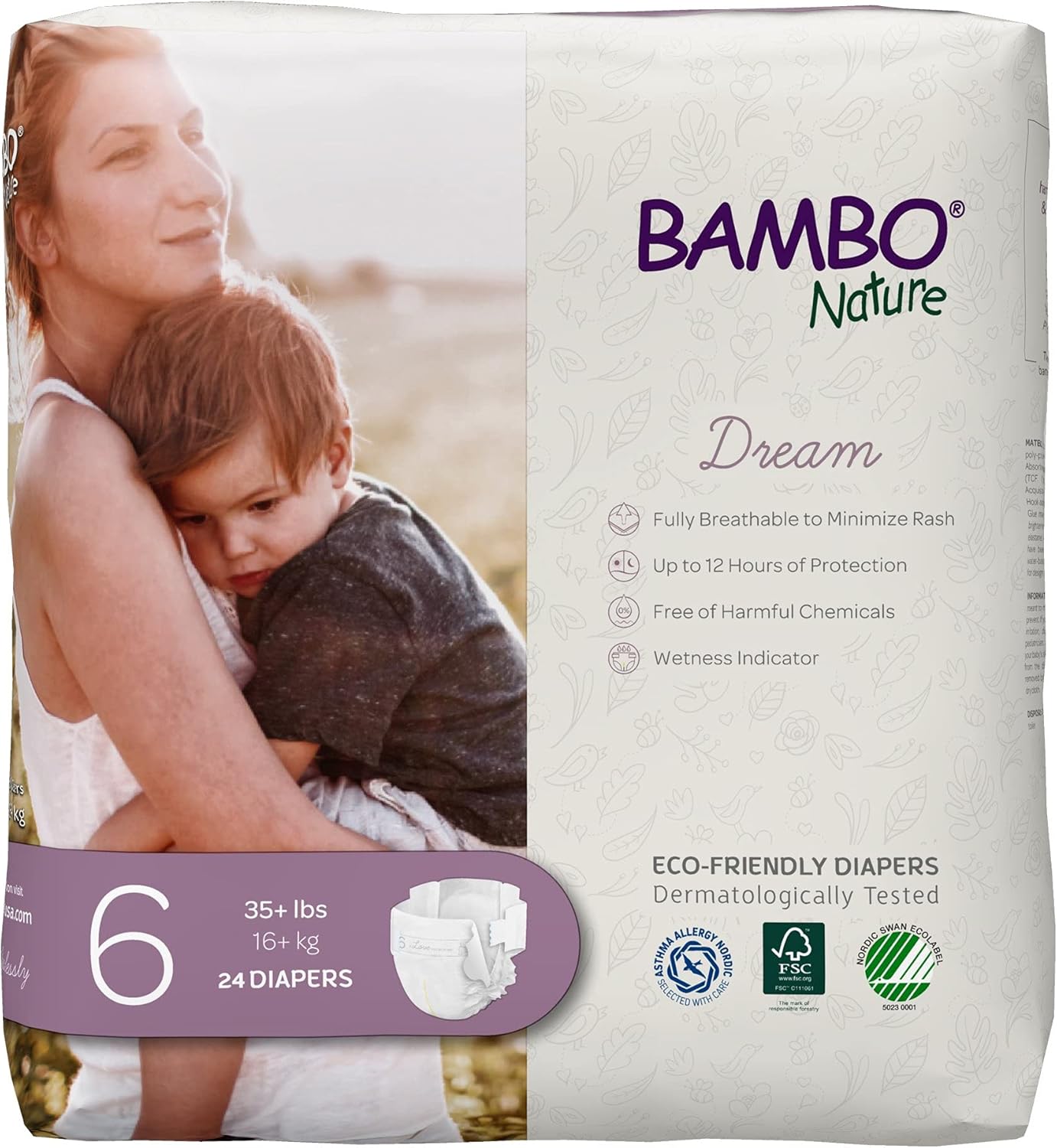 Bambo Nature Hypoallergenic Dream Baby Diapers, Premium Eco-Labeled Sustainable Diapers, Enhanced Leakage Protection, Totally Chlorine-free, Skin Friendly, and Super Absorbent - Size 6 (72 Count)