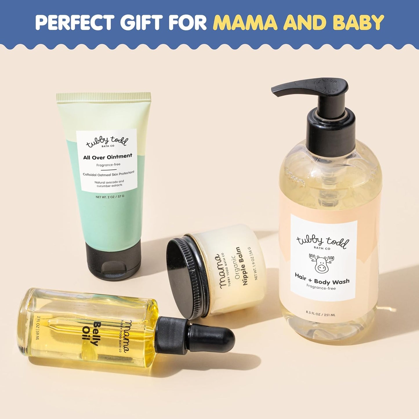 Tubby Todd New Baby & Mom Sensitive Skincare Kit - The Mama + Baby Gift Set - Baby Shampoo and Body Wash 8.5 Oz, All Over Ointment 2 Oz, Belly Oil 2 Fl Oz & Nipple Balm 1.9 Oz - Fragrance-Free