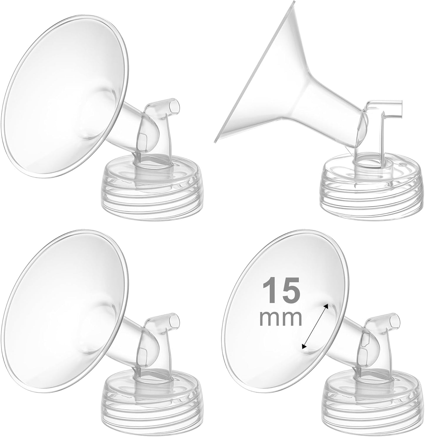4PCS 15mm Breast Pump Flanges, Compatible with Spectra S1/S2/9Plus/Synergy Gold, Motif Luna, Wide-Mouth Bottle Fit, Breast Pump Accessories