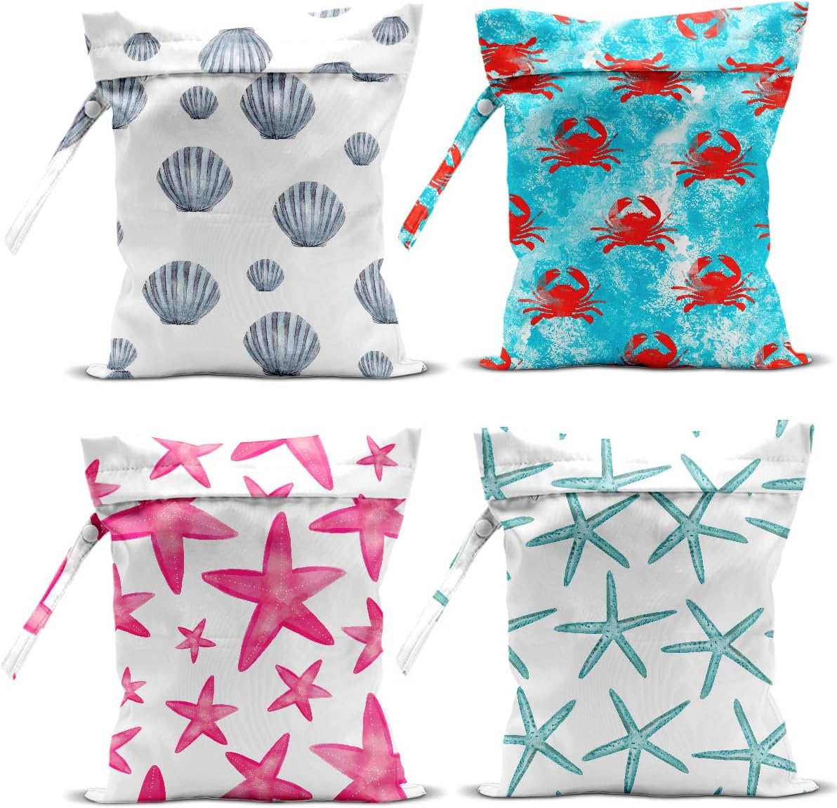 4 Pack Wet Bag for Swimsuit, Beach Travel Essentials Wet Dry Bag, for Sunscreen Toiletry Dirty Clothes Yoga Gym Diaper, Friend Summer Beach Vacation Gifts. Starfish, shells, crabs