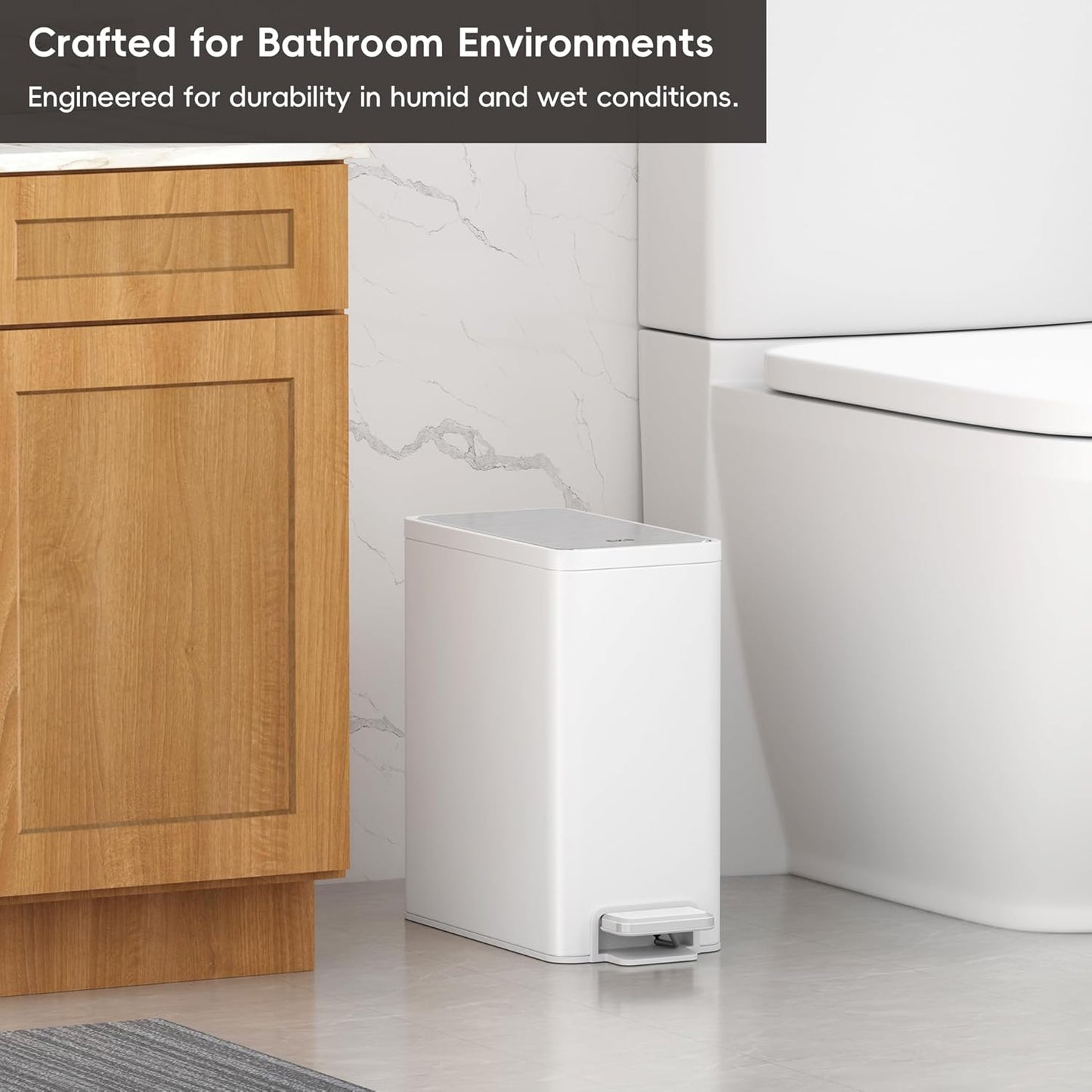 EKO Slim Small Bathroom Trash Can with Lid, Stainless Steel Small Garbage Can with Removable Inner Bucket, 6L / 1.6 Gal, Step On Trash Bin (White)