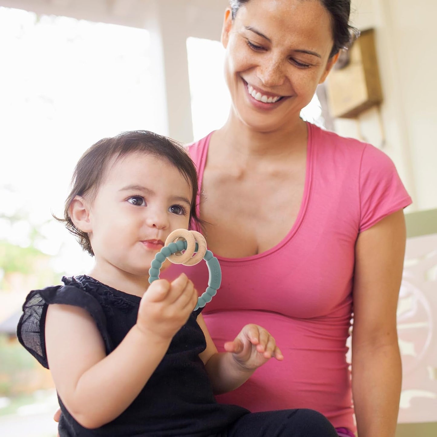 Baby Teether, One Piece Design Silicone & Beech Teething Ring Toy for Babies, BPA Free (Sand)