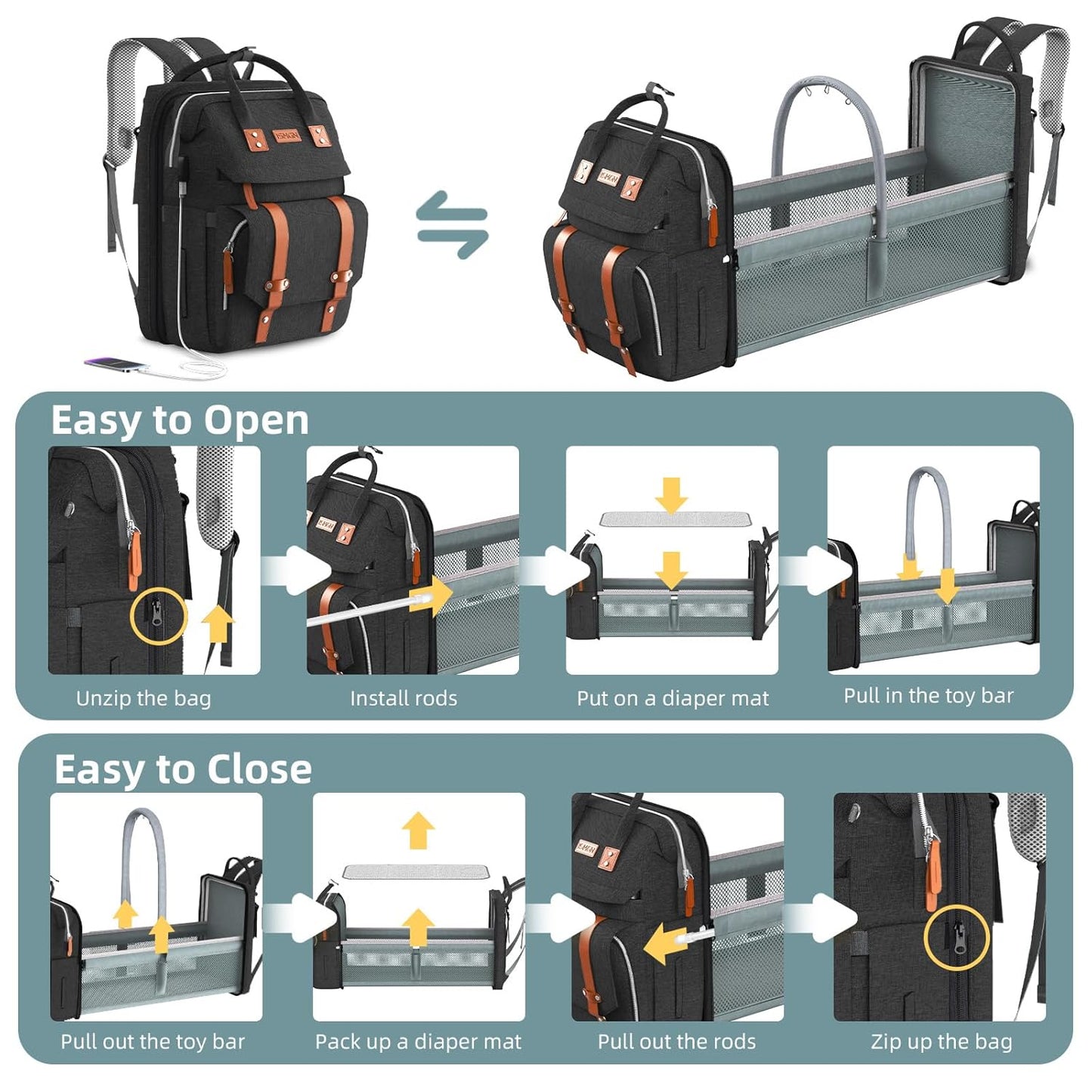 Diaper Bag Backpack with Changing Station, Large Diaper Bag, Baby Bag, Multifunctional Diaper Bag, Black