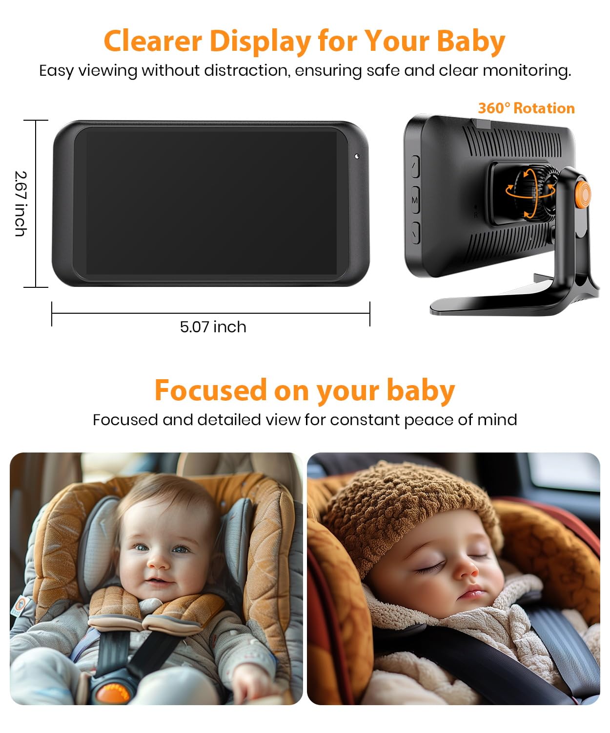 Babyvue BV2 Baby Car Camera, 4.5'' HD 1080P USB Rear-Facing Mirror, IR Night Vision, 360° Adjustable, Plug & Play Backup Monitor for Child & Pet Safety