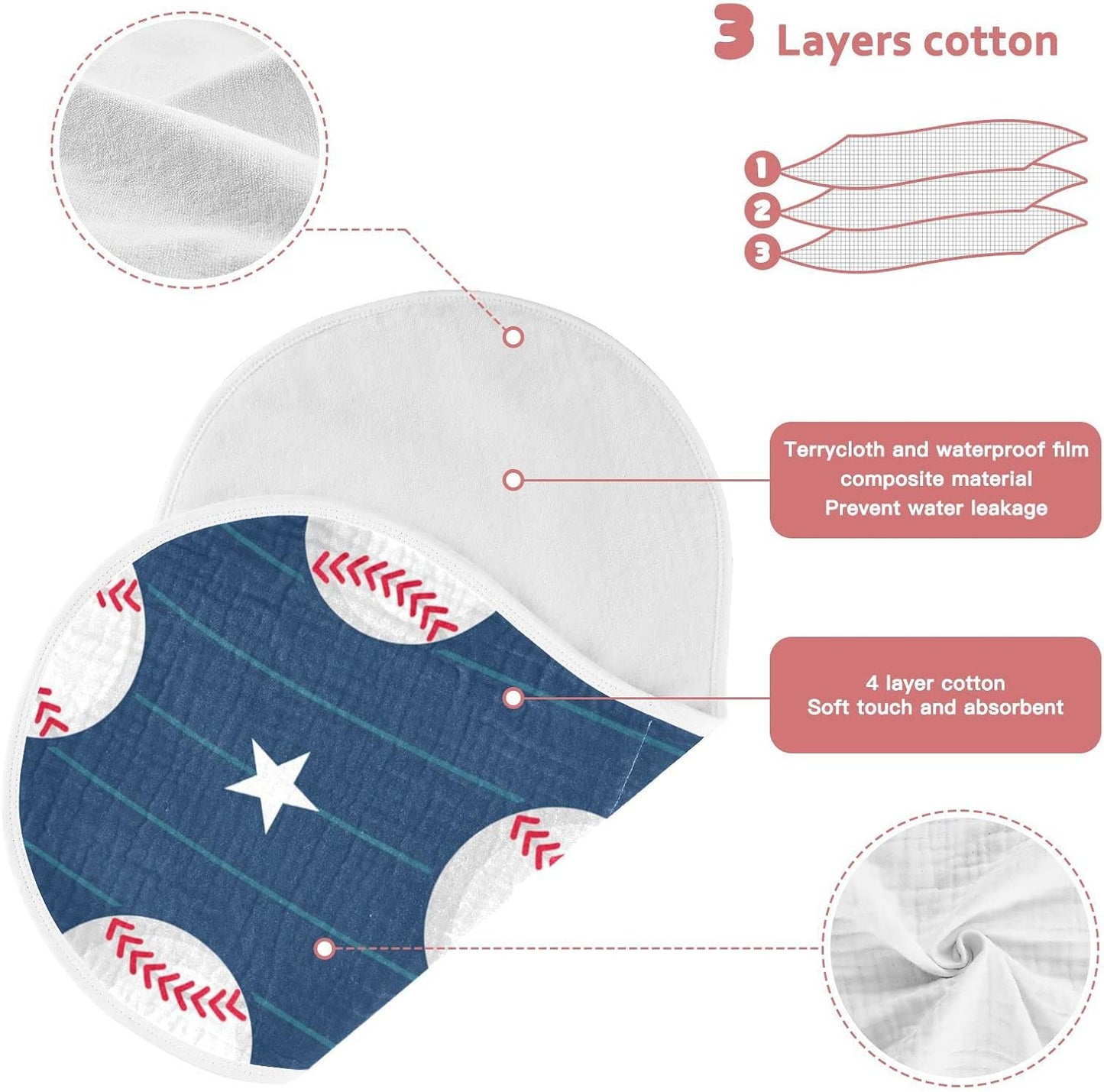 Muslin Baby Burp Cloths Set of 1, Soft Absorbent Baseball Stripe Muslin Washcloths, Bibs, Face Towel for Newborn Boys Girls, 22 x 11 Inch