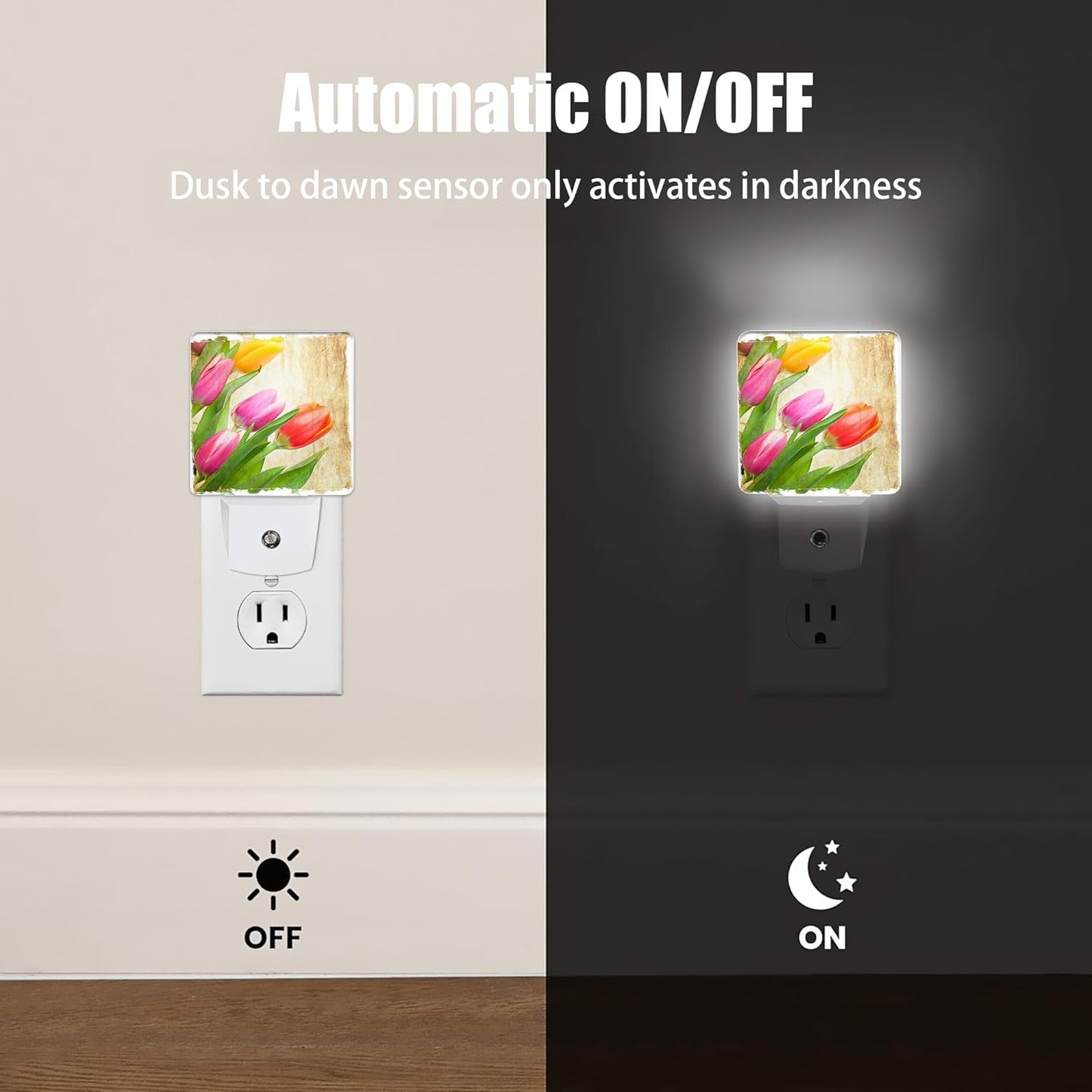 Vintage Tulips Night Light Plug in Wall Lamp Smart Dusk to Dawn Sensor for Home Decorative, Kids Room Bedroom Bathroom Kitchen Hallway Gifts