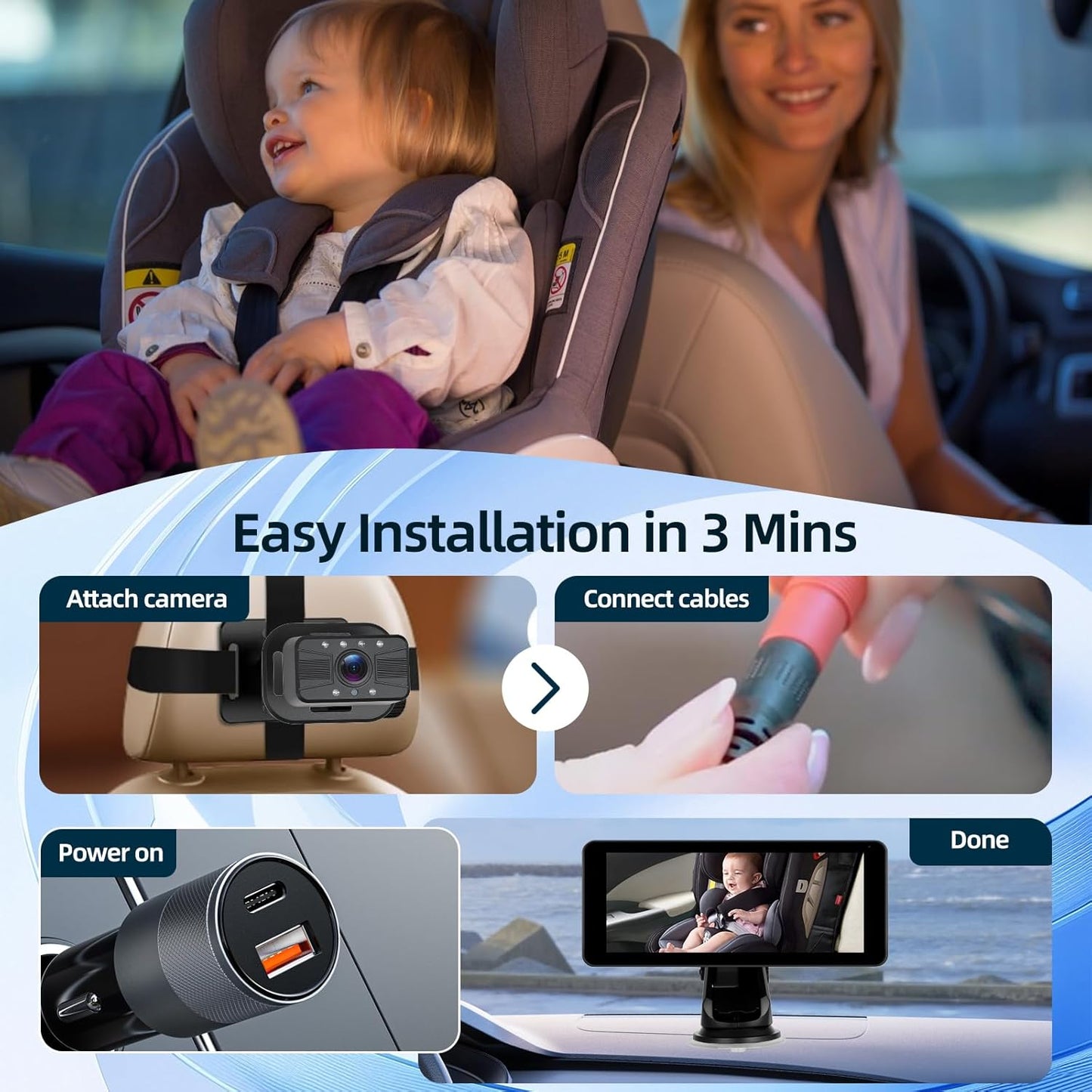 6.86 Inch Carplay Screen for Baby Monitor - 1080P Portable Car Stereo with Baby Car Camera/Wireless CarPlay/Android Auto/Night Vision/150° Wide Angle/AirPlay/GPS Navigation + 64G Card, Easy to Install