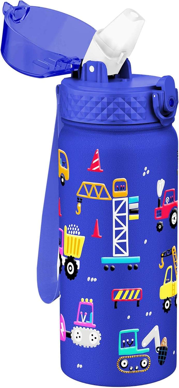 Kids Water Bottle, GOPPUS 18 oz Insulated Water Bottle with Straw, Double Vacuum Leakproof, BPA Free, for Boys and Girls, Blue Construction Truck