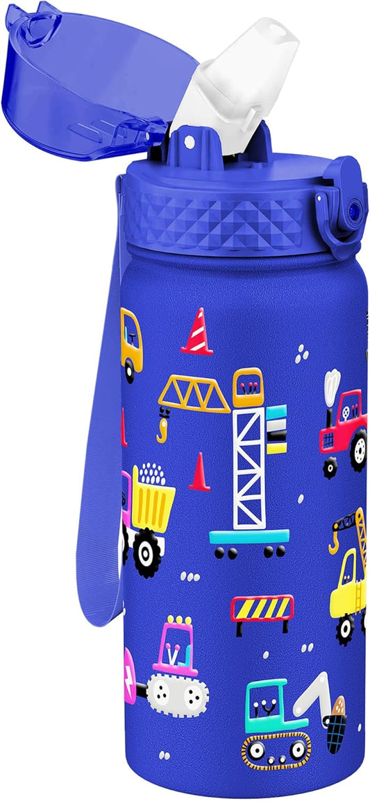 Kids Water Bottle, GOPPUS 18 oz Insulated Water Bottle with Straw, Double Vacuum Leakproof, BPA Free, for Boys and Girls, Blue Construction Truck