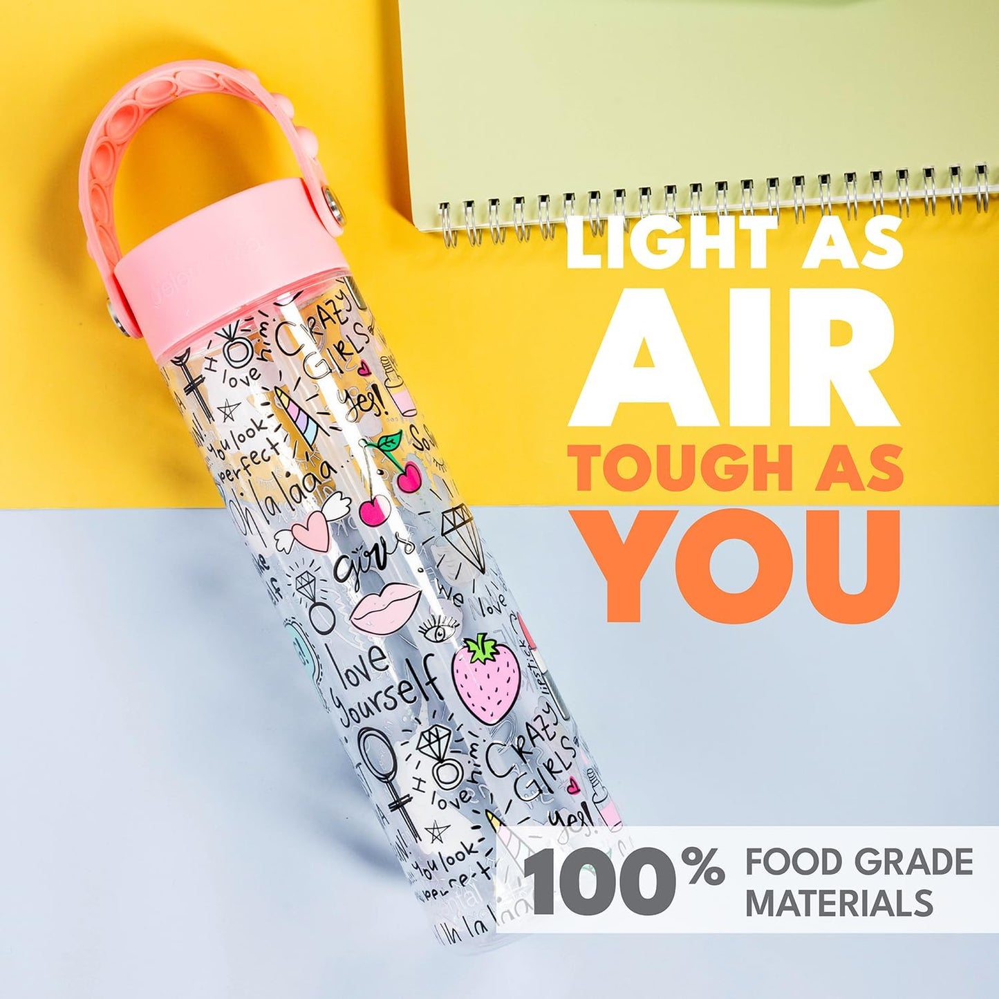 Elemental Splash Water Bottle with Straw - BPA-Free Tritan Plastic Reusable Water Bottle with Pop It Strap - Ideal for Travel, Gym and Sports - Leak Proof when Spout is Closed - 26oz - Girl Power