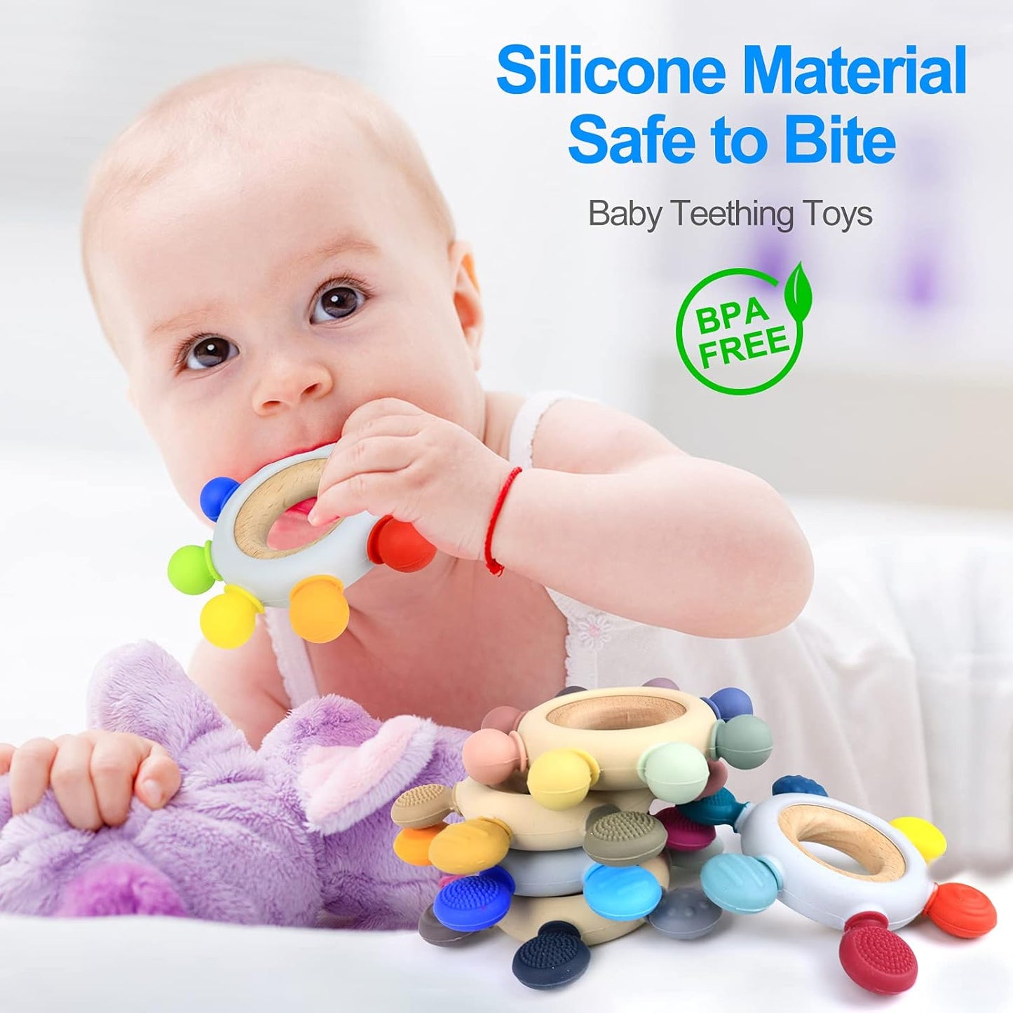 Baby Teething Toys Silicone Teethers BPA Free Silicone Rudder with Wooden Ring Soothe Babies Gums (8 Directions - Rainbow)