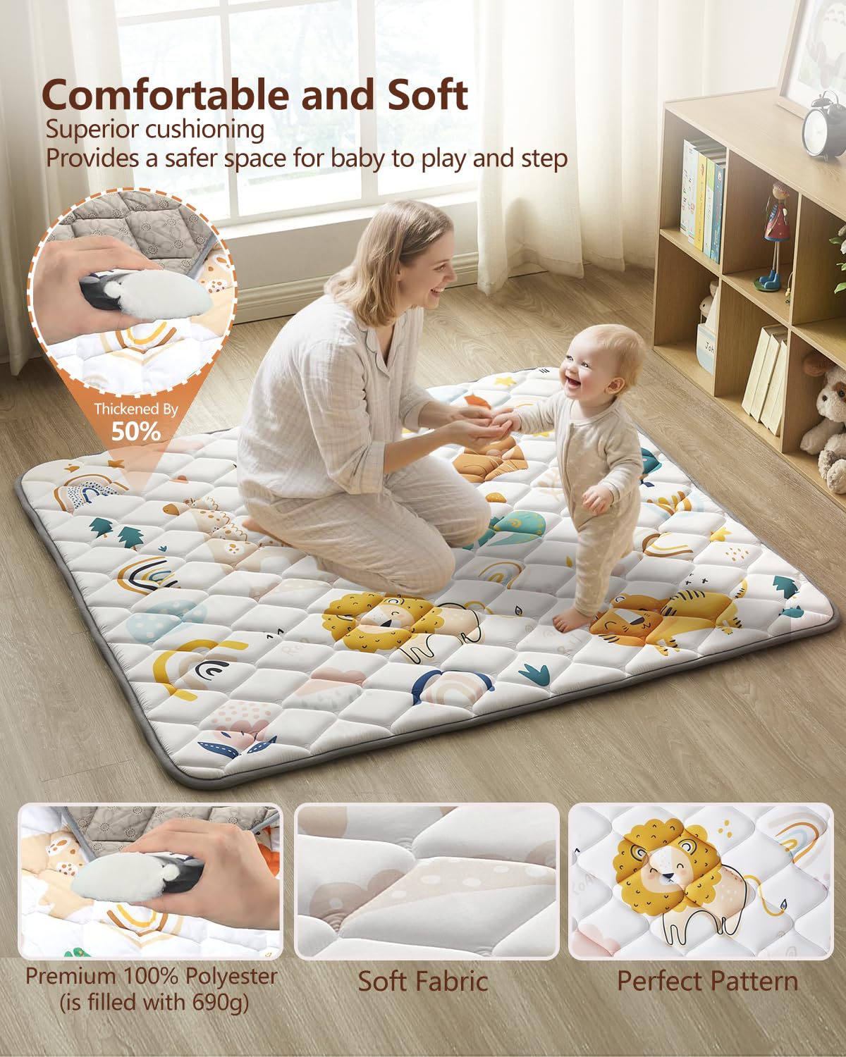 Baby Play Mat 43"x43", Non-Slip Baby Mat for Floor, Soft Thicker Playpen Mat, Portable Playmat, Crawling Mat for Babies, Toddlers & Infants to Play and Learn（Animal）