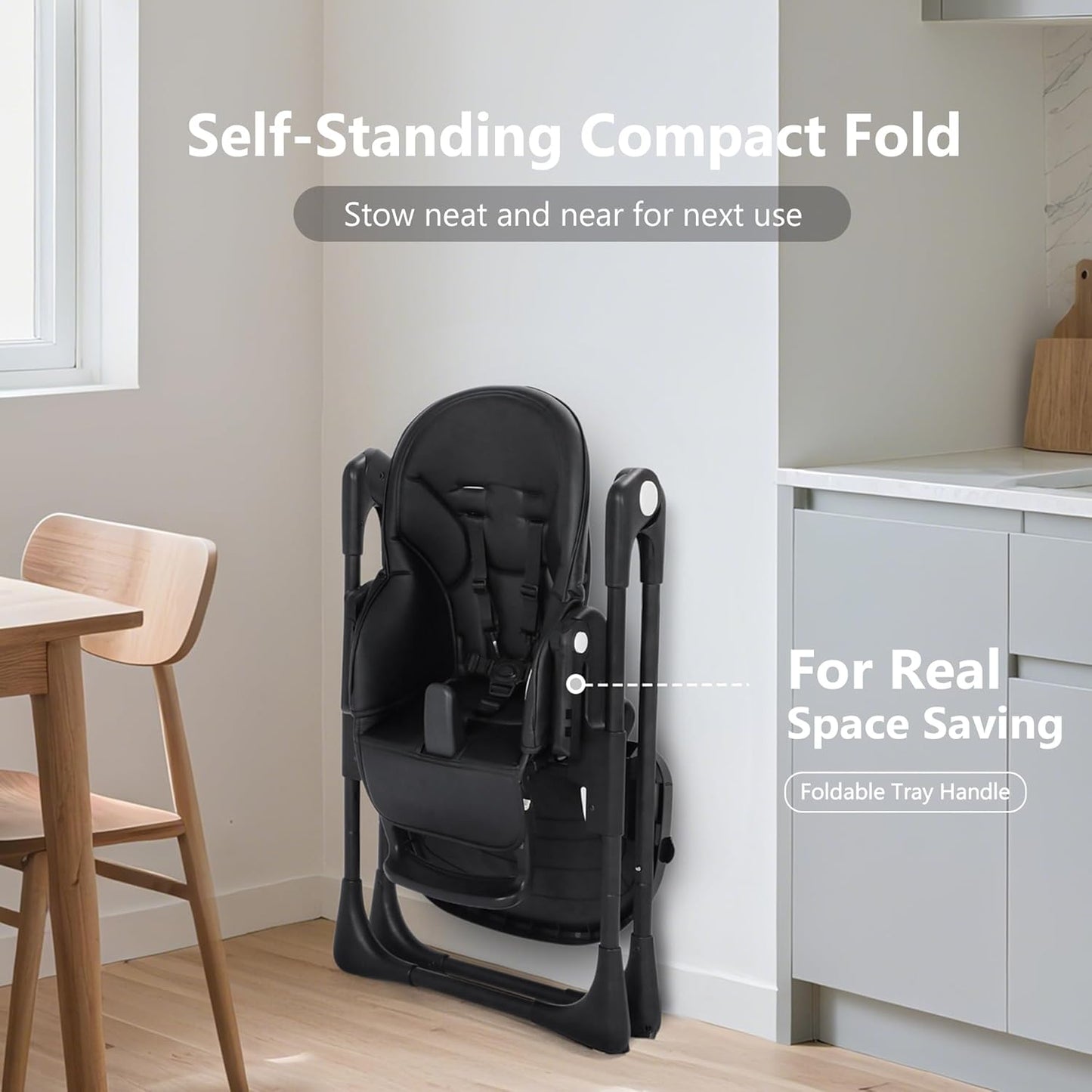 Kinder King Convertible High Chair for Babies & Toddlers, Adjustable Baby Feeding High Chair with Removable Double Tray, Simple Compact Fold for Space-Saving, 2 Built-in Wheels, Easy to Clean, Black