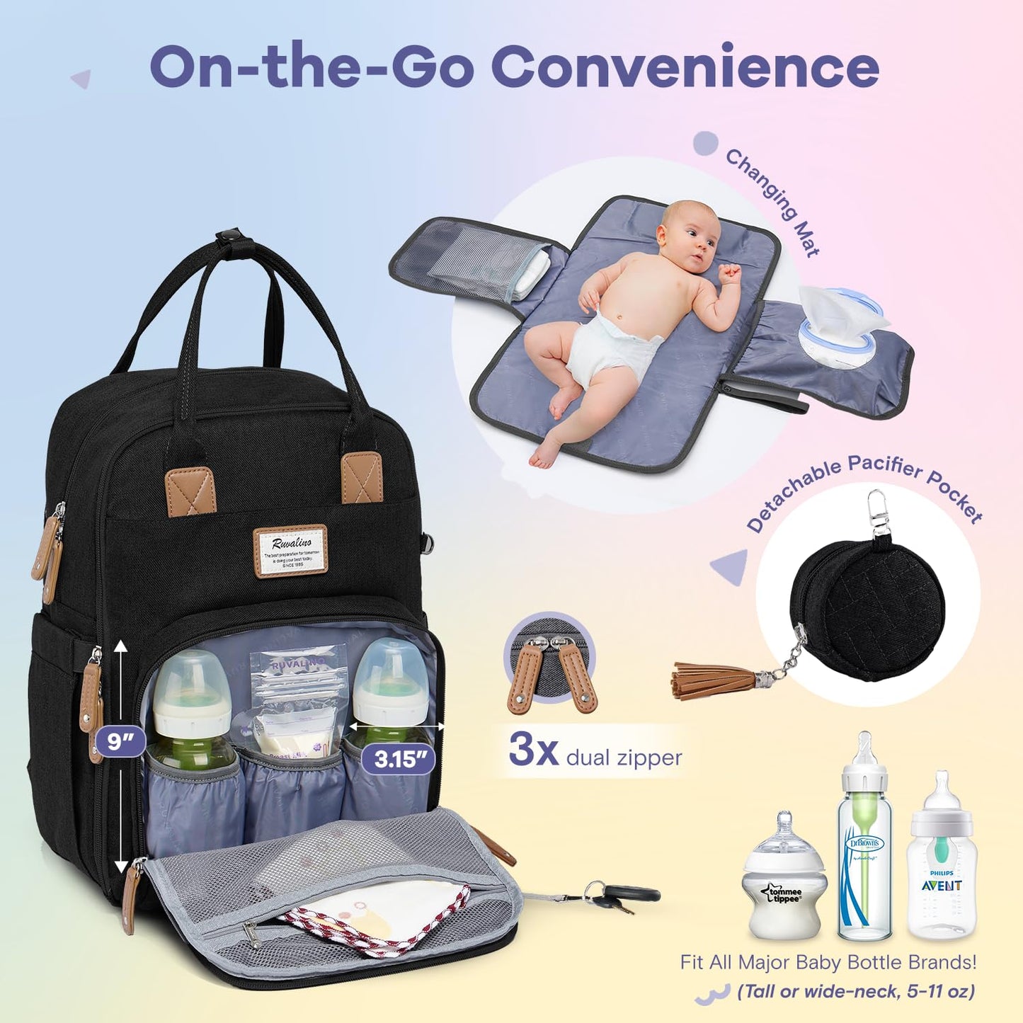 RUVALINO Diaper Bag Backpack, Multifunction Travel Pack Maternity Baby Changing Bags, Large Capacity, Waterproof, Black