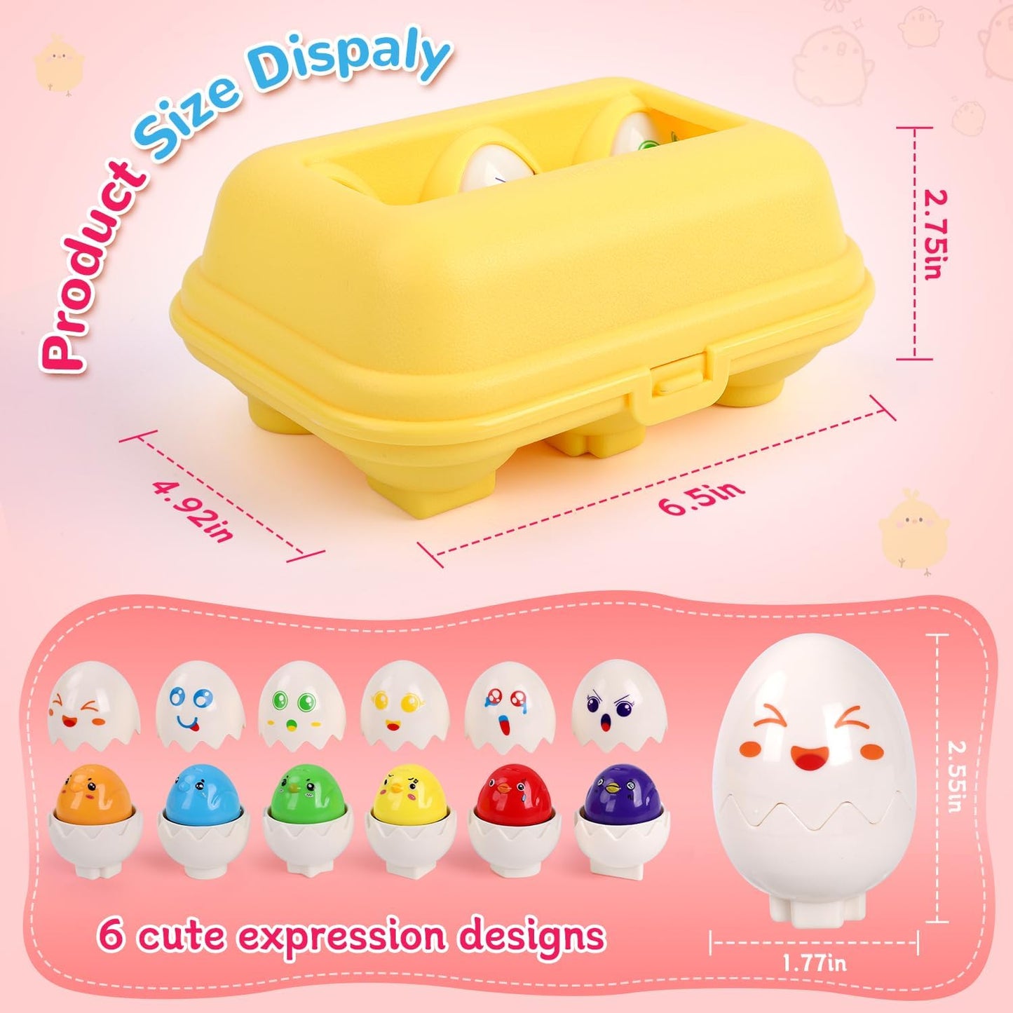 USATDD Egg Toys Hide & Squeak Matching Eggs for Toddlers, Color Recognition Sensory Learning Toys, Fine Motor Skills Montessori Toy for Kids, 6pcs