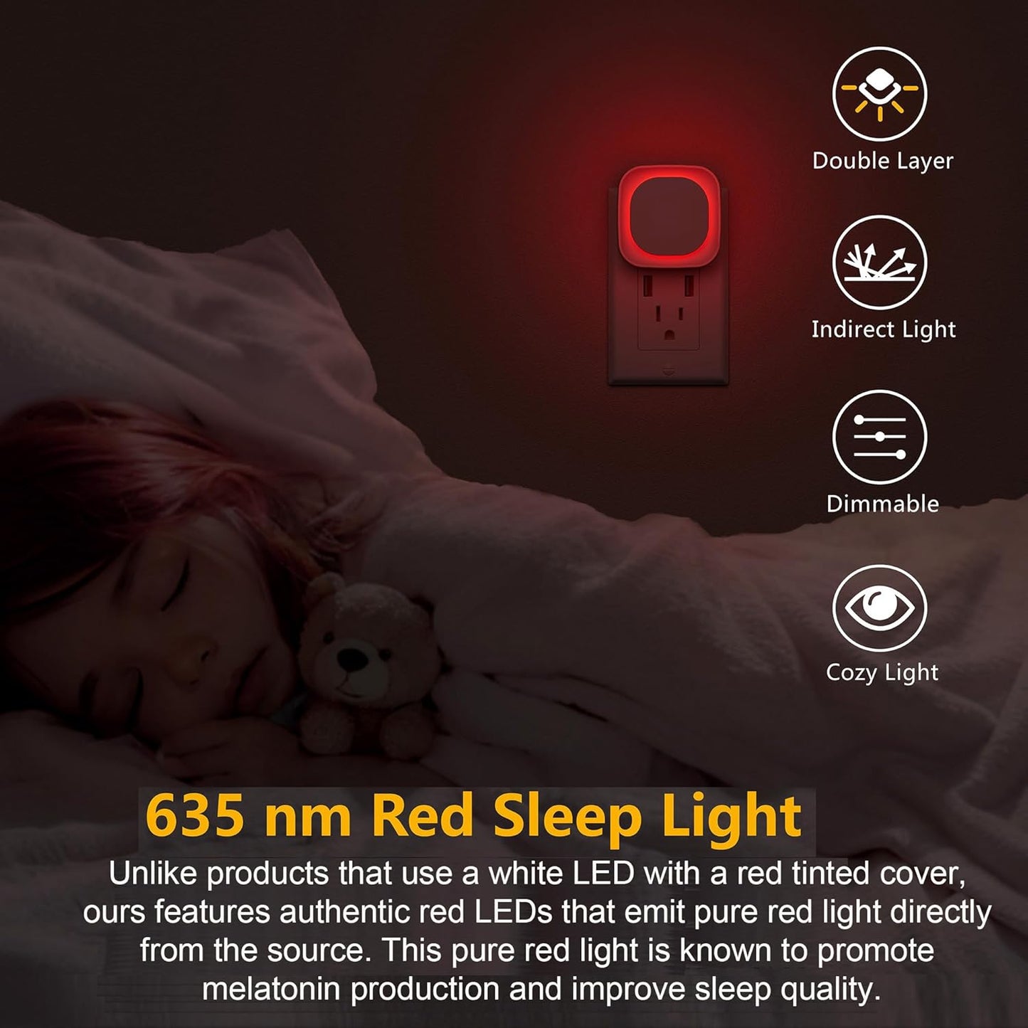 6 Pack Plug in Red Sleep Night Light, Auto Dusk to Dawn, Soft Glow, Dimmable Diffused Light, LED Lights for Bedroom, Sleep, Baby Nursery, Kids, Toddler, Bathroom, Hallway, Home Decor