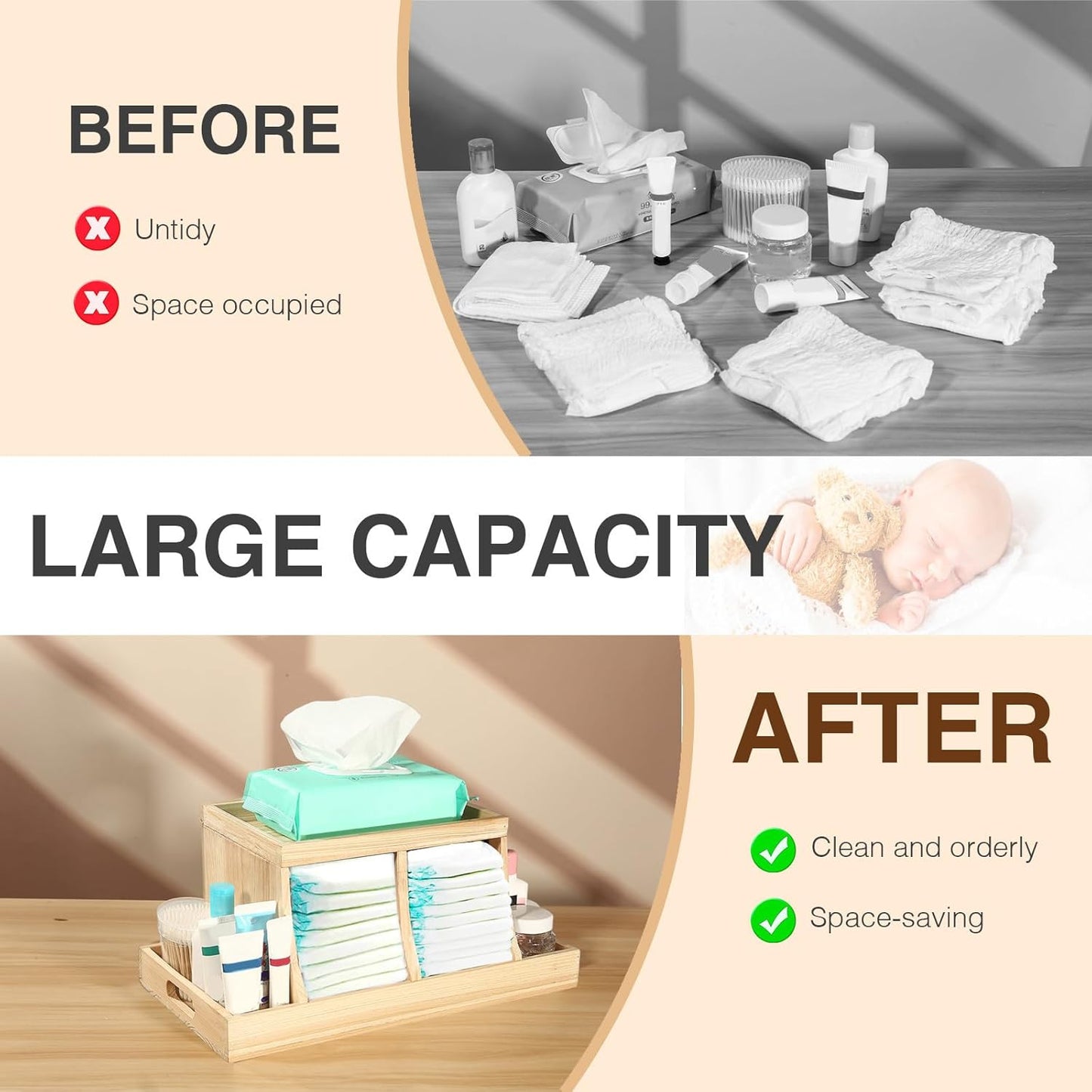 Three colors Diaper Organizer, Wooden Diaper Caddy Organizer, Changing Table Organizer, Diaper Storage Organizer, Nursery Baby Organization (Brown)